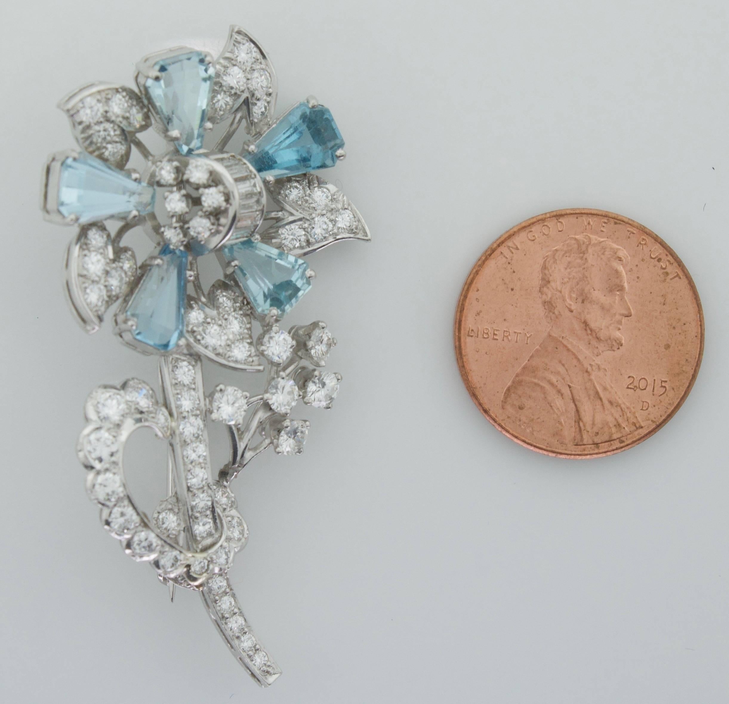 Women's or Men's 1940s Aquamarine and Diamond Flower Brooch in Platinum For Sale