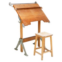 Used 1940's Architect's Drafting Table - Midcentury Wooden & Iron Metal Base
