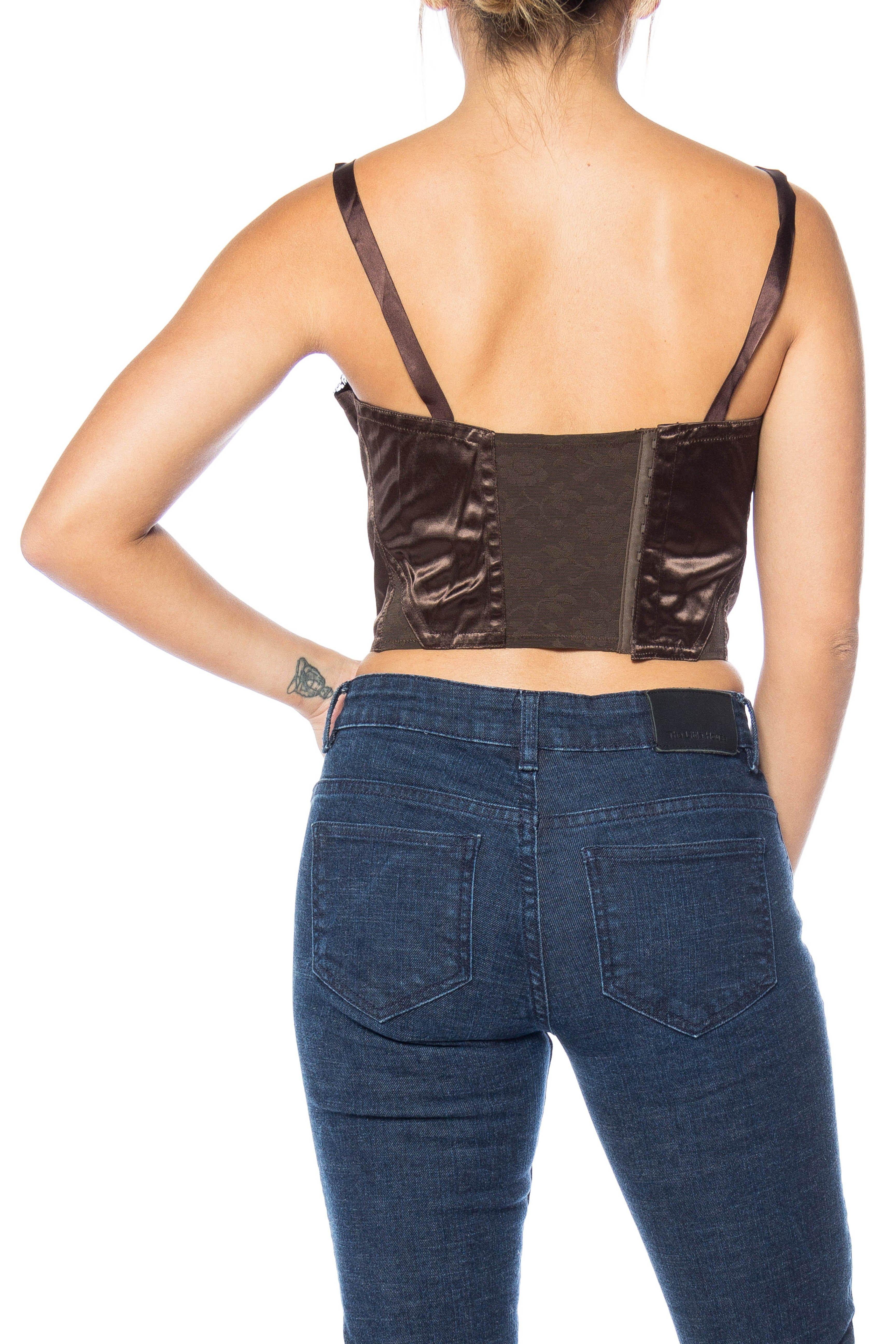 1940S ARMANDE PARIS Chocolate Brown Satin, Lace Deadstock Long Line Bra Bon état - En vente à New York, NY