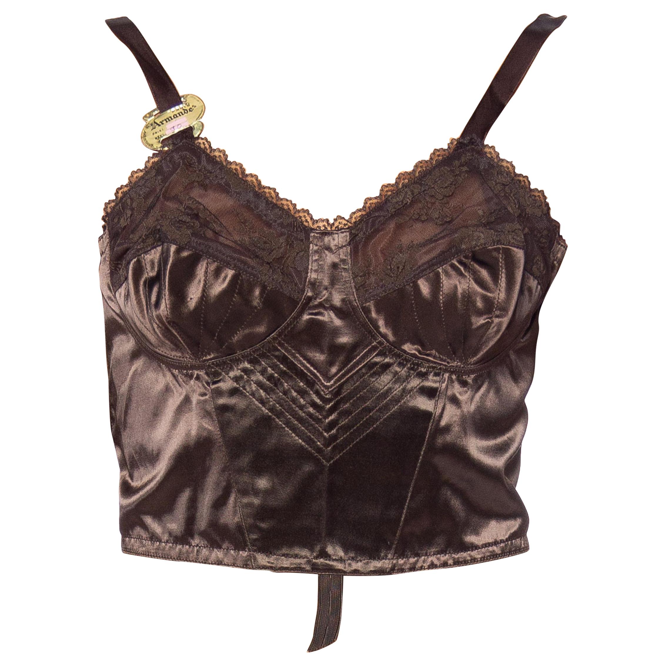 1940S ARMANDE PARIS Chocolate Brown Satin, Lace Deadstock Long Line Bra en vente
