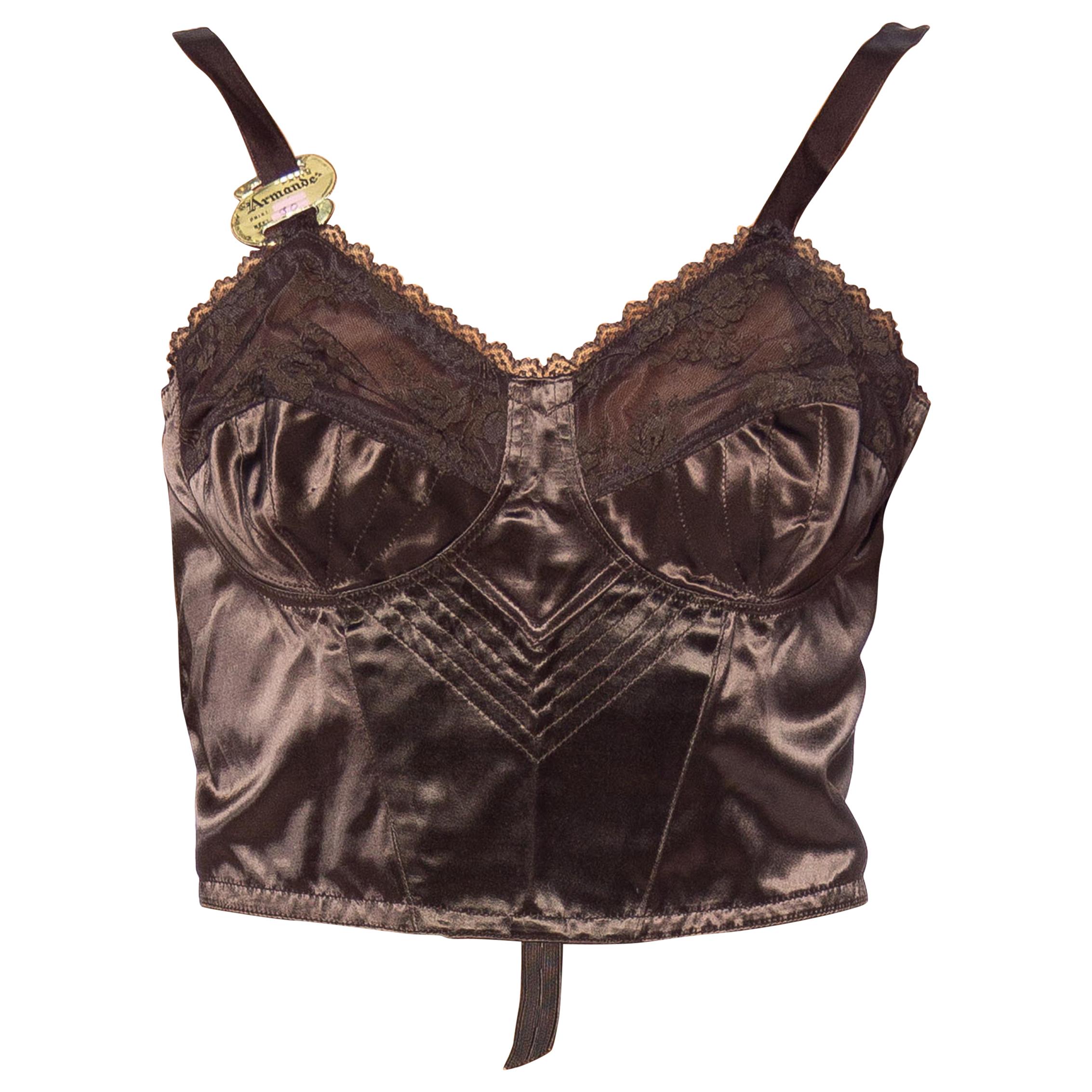 1940S ARMANDE PARIS Chocolate Brown Satin, Lace Deadstock Long Line Bra For Sale