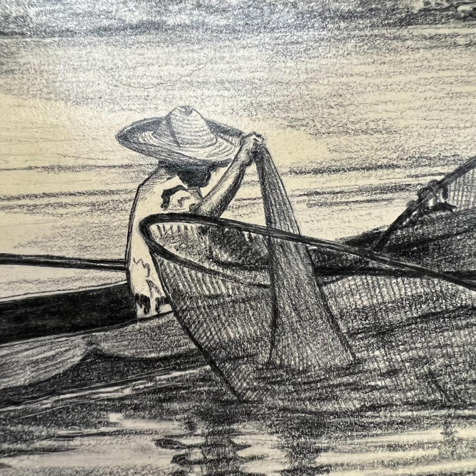 Mid-20th Century 1940s Art by Alfredo Zalce Original Pencil on Paper Fisherman Artwork Mexico For Sale