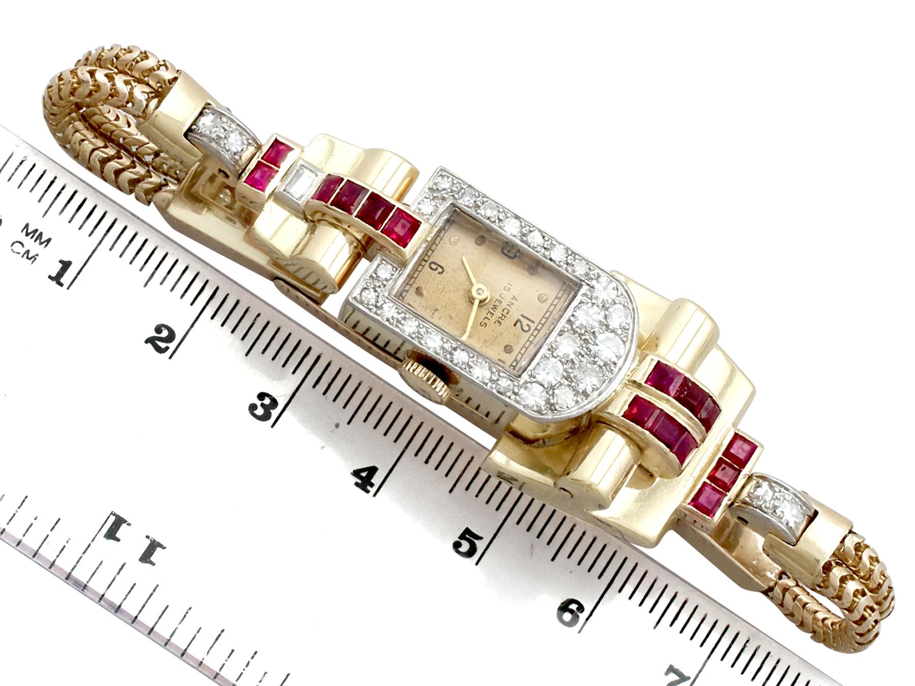 Women's 1940s Art Deco 1.12 Carat Ruby and 1.01 Carat Diamond Yellow Gold Watch
