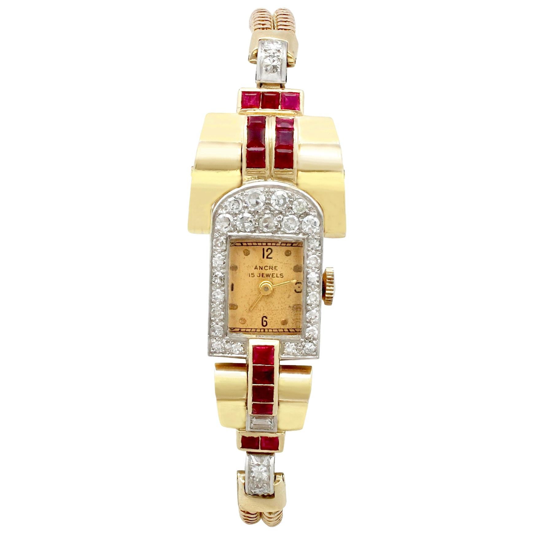 1940s Art Deco 1.12 Carat Ruby and 1.01 Carat Diamond Yellow Gold Watch