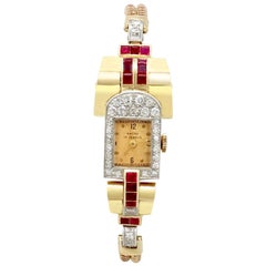 Vintage 1940s Art Deco 1.12 Carat Ruby and 1.01 Carat Diamond Yellow Gold Watch