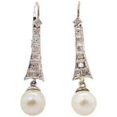 1940s Art Deco 14 Karat White Gold Pearl Diamond Drop Earrings