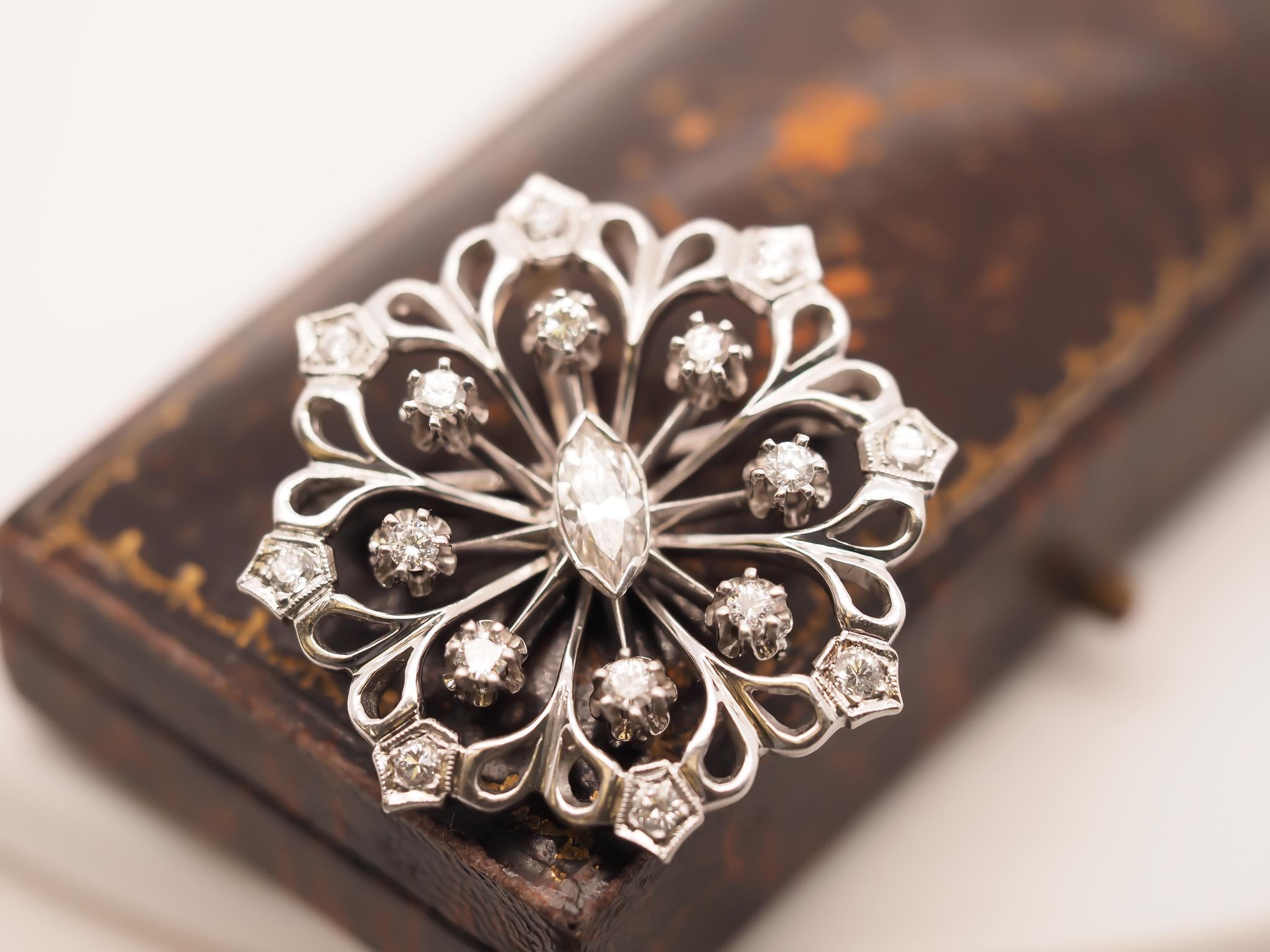 Marquise Cut 1940s Art Deco 14K White Gold Antique Marquise Diamond Brooch and Pendant For Sale