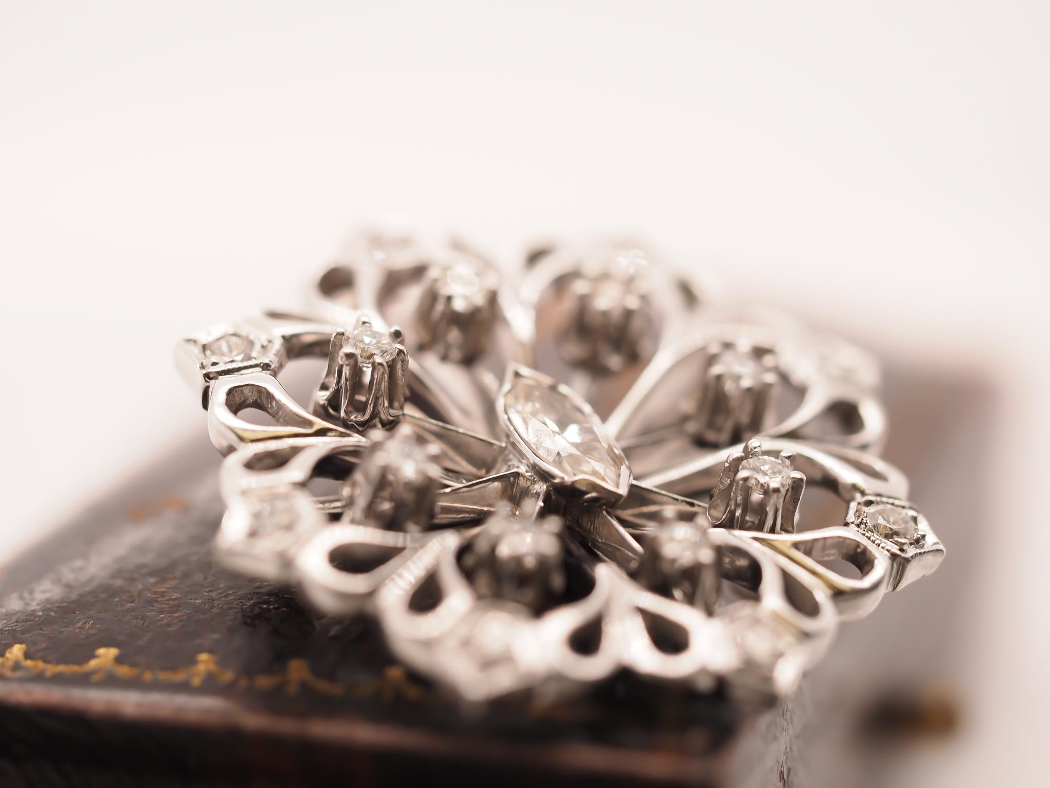 1940s Art Deco 14K White Gold Antique Marquise Diamond Brooch and Pendant For Sale 4