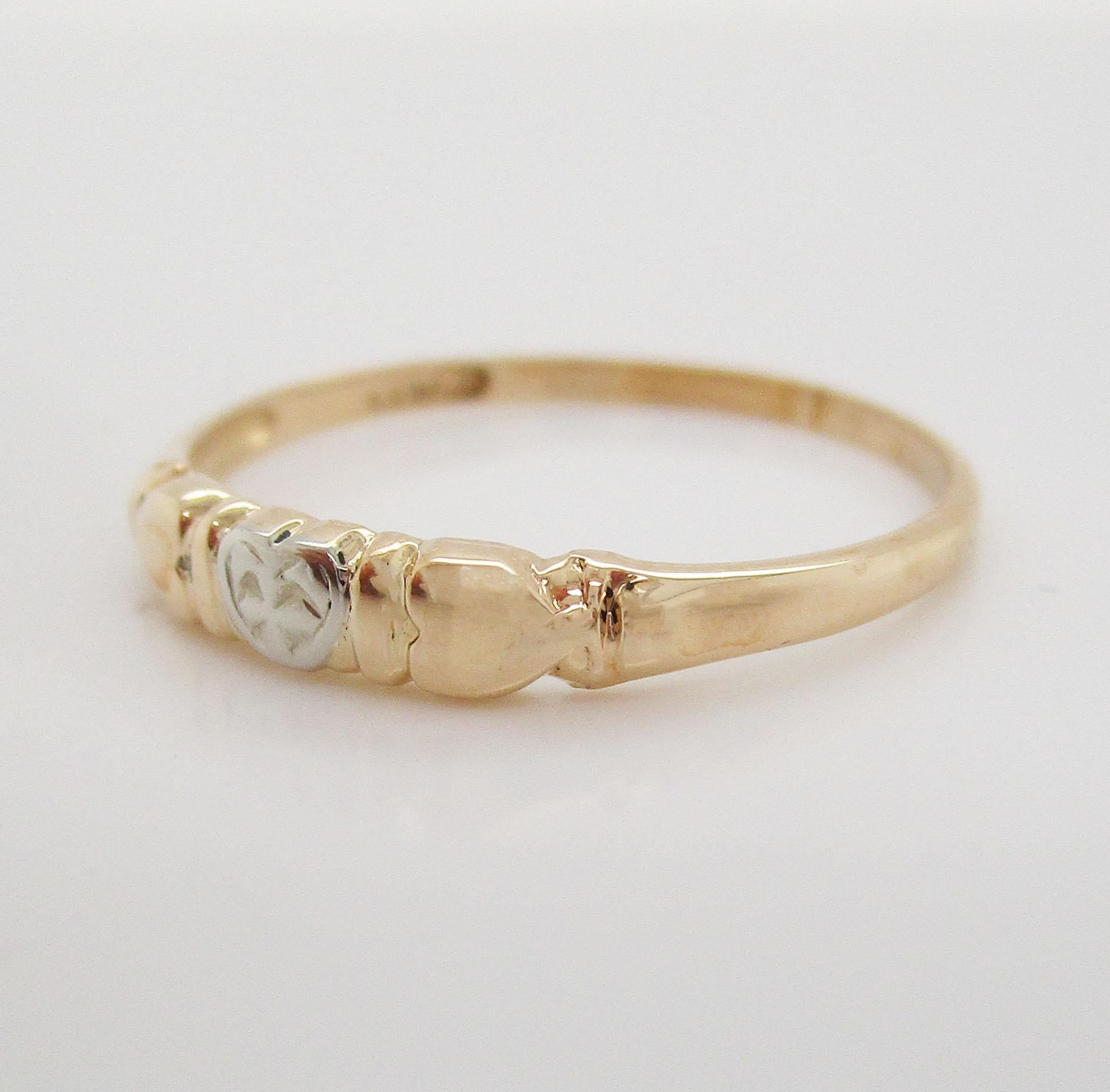 Women's 1950s Art Deco Style 14 Karat Yellow and White Gold Three Hearts Band Ring
