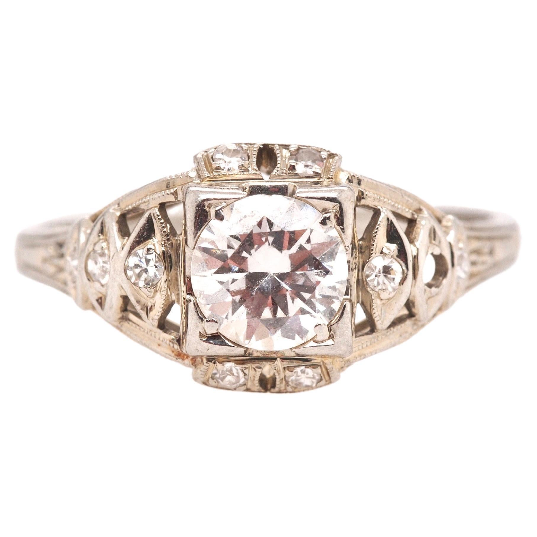 1940s Art Deco 18K White Gold .60ct Diamond Engagement Ring