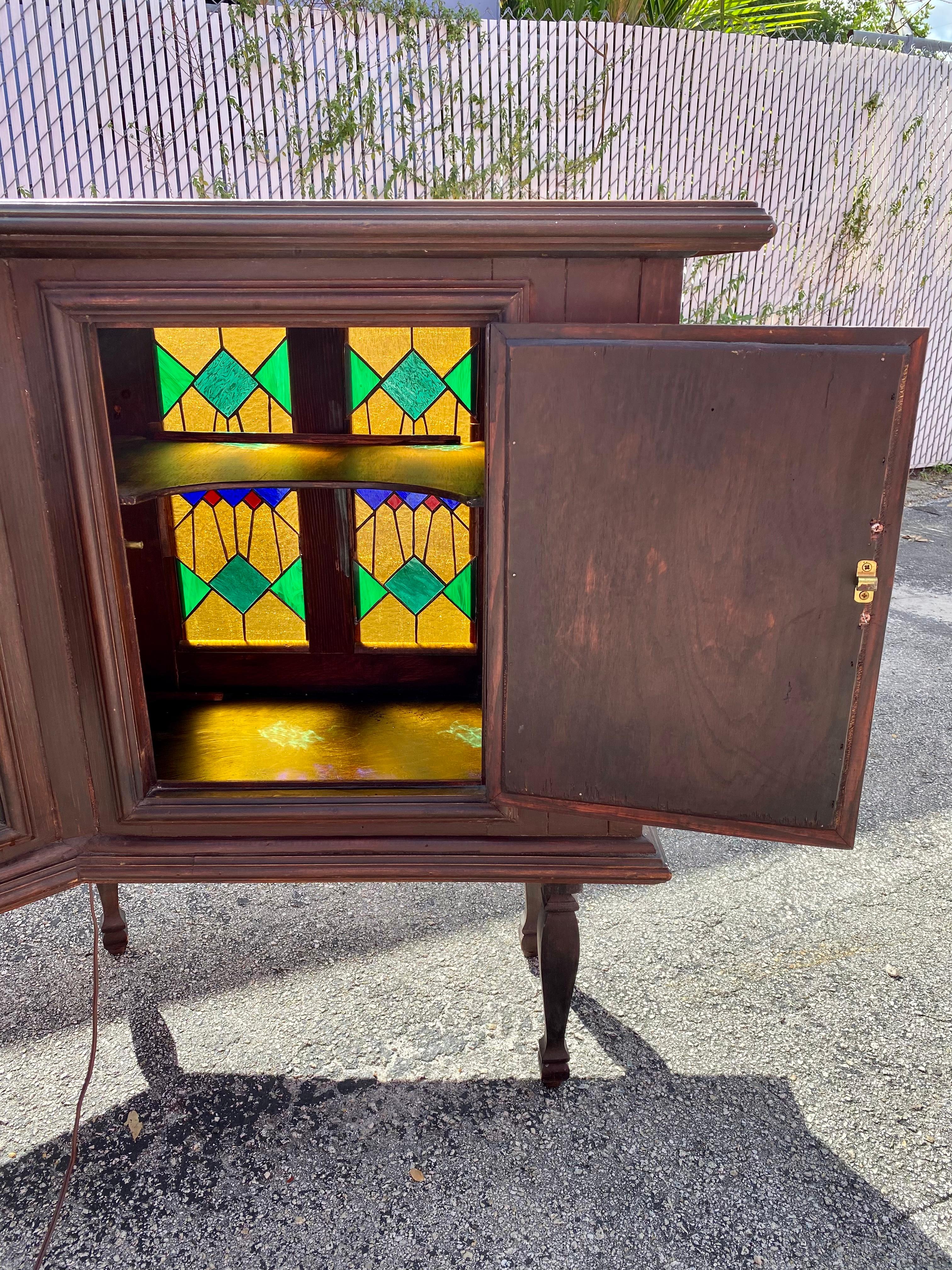 1940s Art Deco Angular Marble Tile Stained Glass Bar Cabinet Console For Sale 6