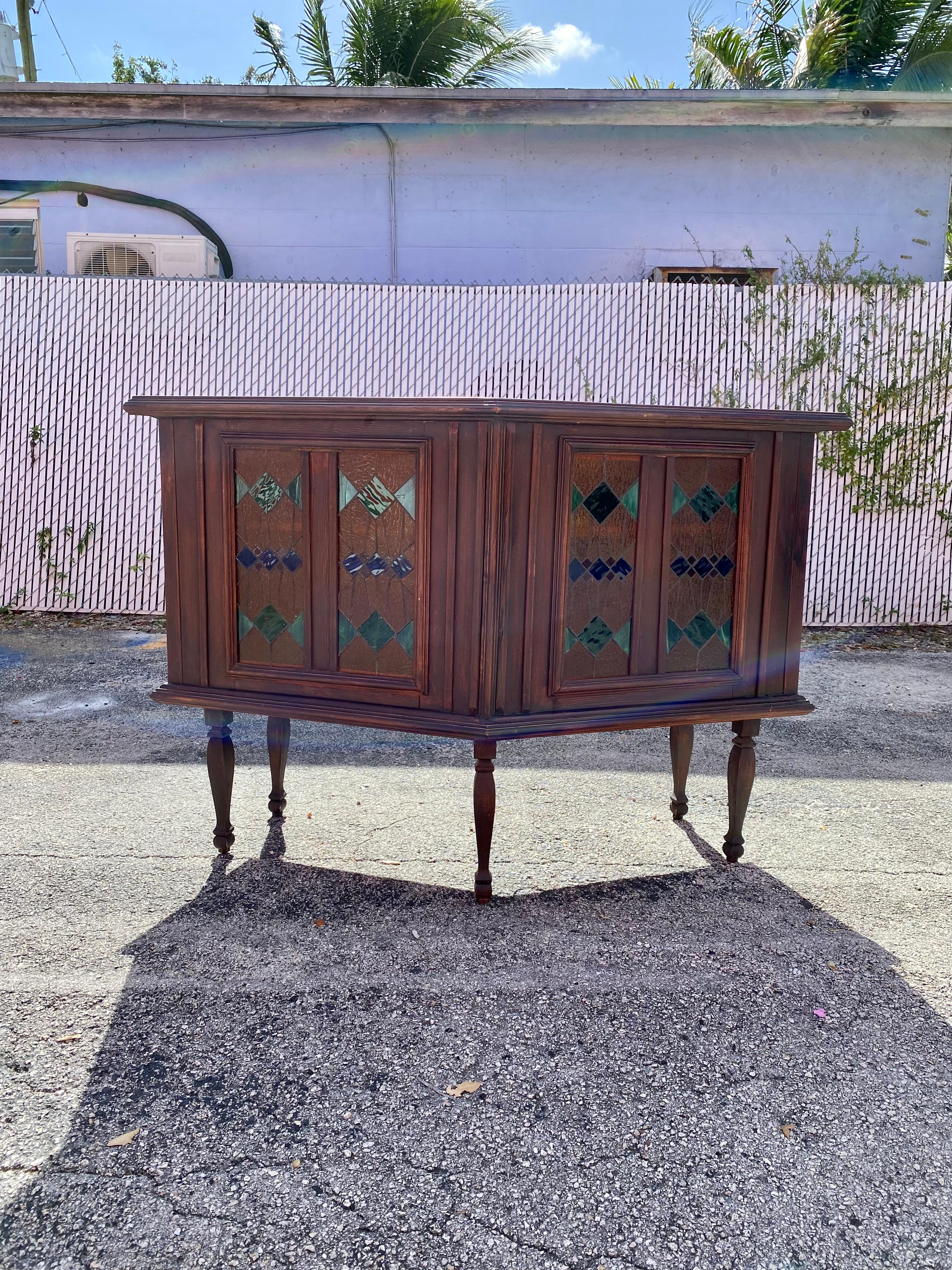 French 1940s Art Deco Angular Marble Tile Stained Glass Bar Cabinet Console For Sale
