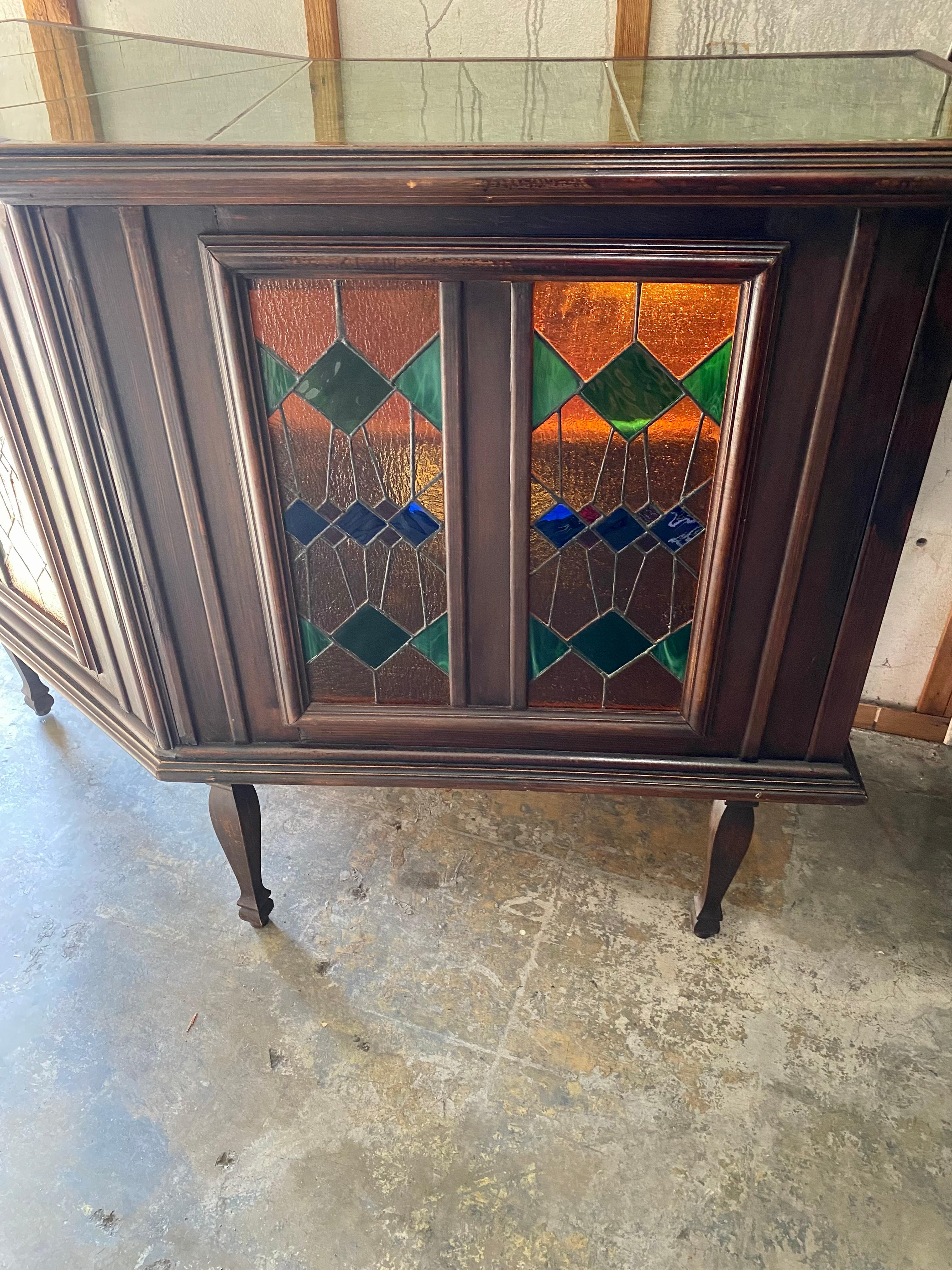 1940s Art Deco Angular Marble Tile Stained Glass Bar Cabinet Console For Sale 7