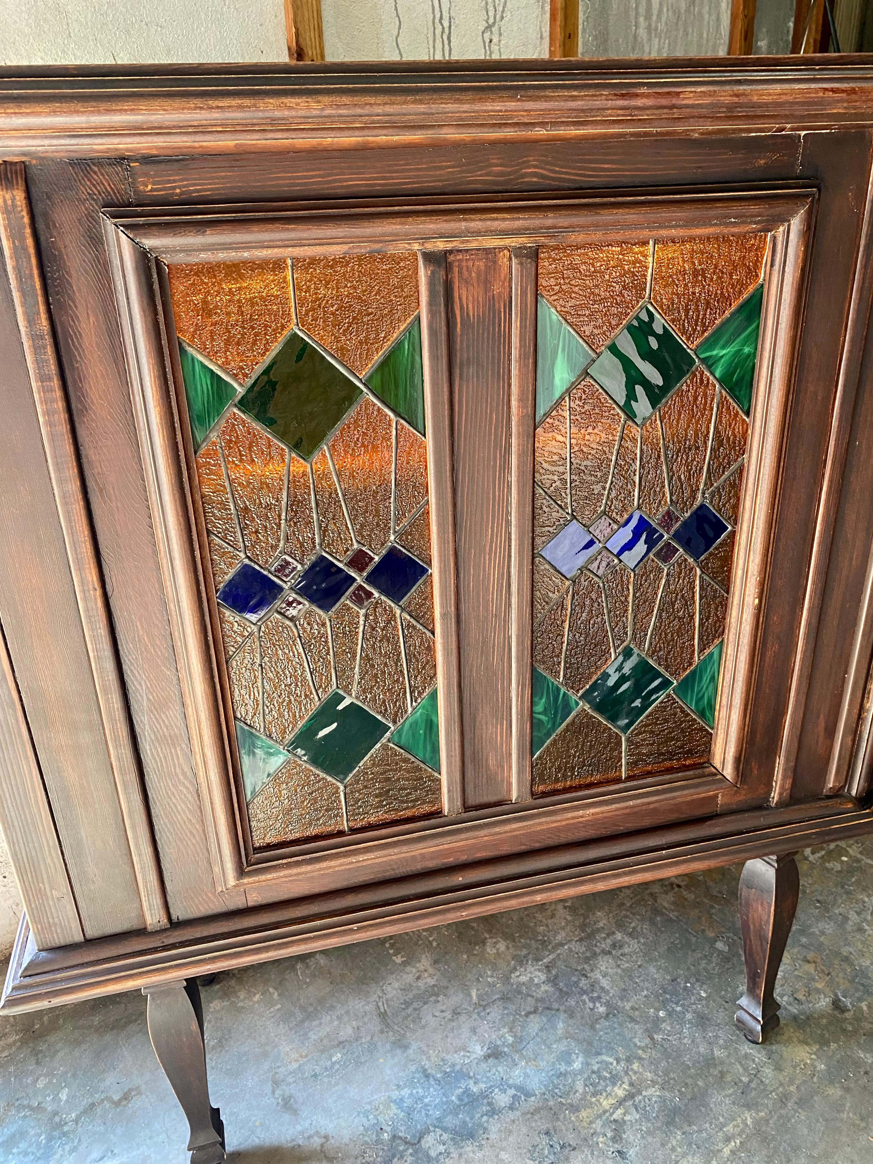 1940s Art Deco Angular Marble Tile Stained Glass Bar Cabinet Console For Sale 8