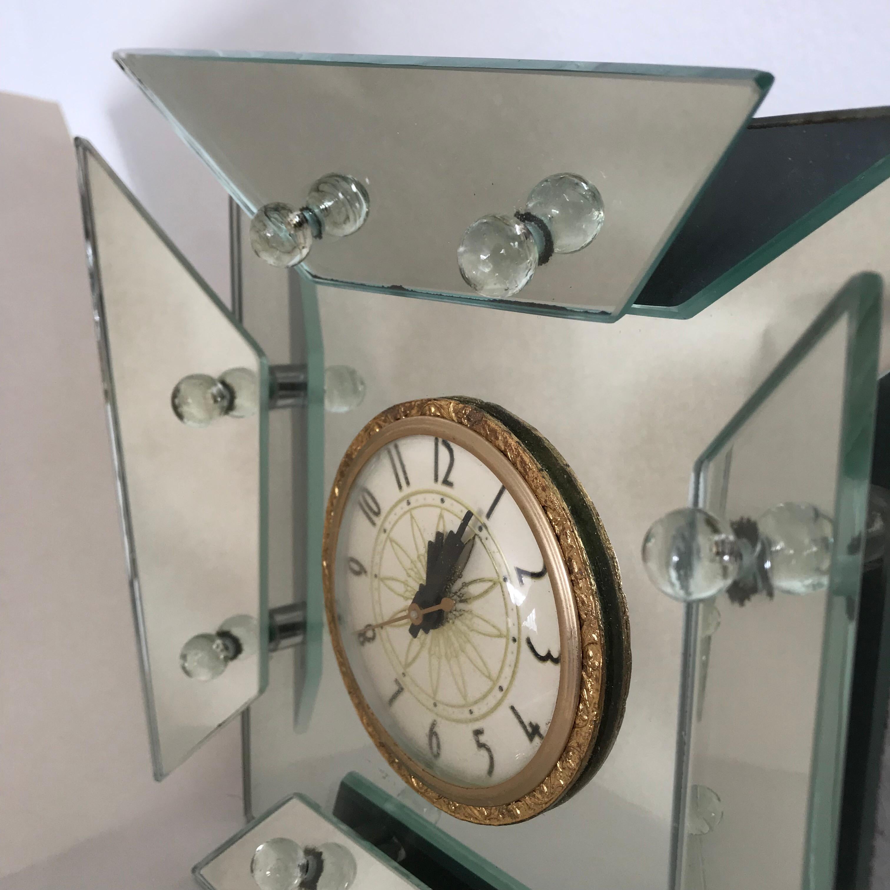 Silvered 1940s, Art Deco Asymmetric Faceted Mirrored Mantel or Table Clock