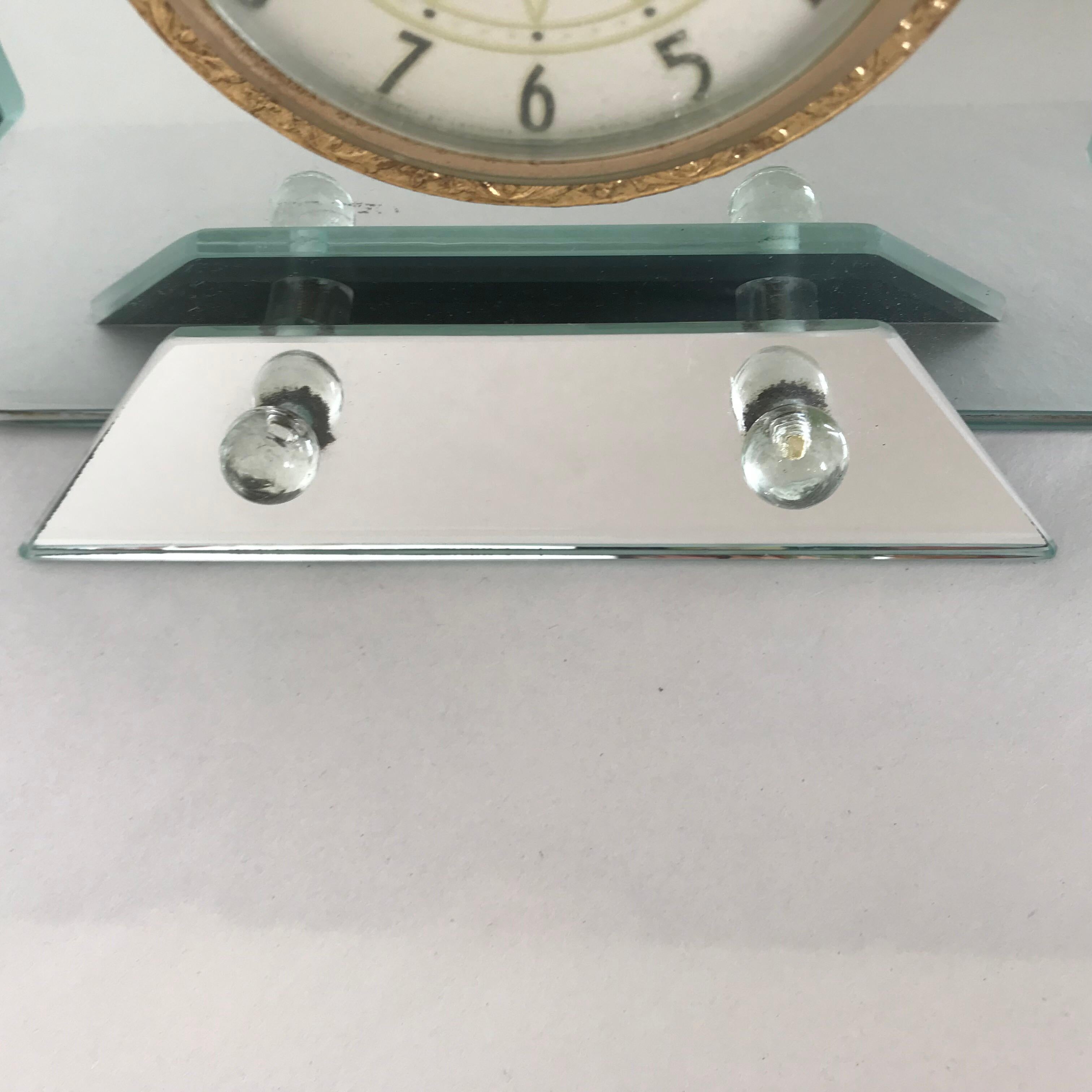 1940s, Art Deco Asymmetric Faceted Mirrored Mantel or Table Clock 1