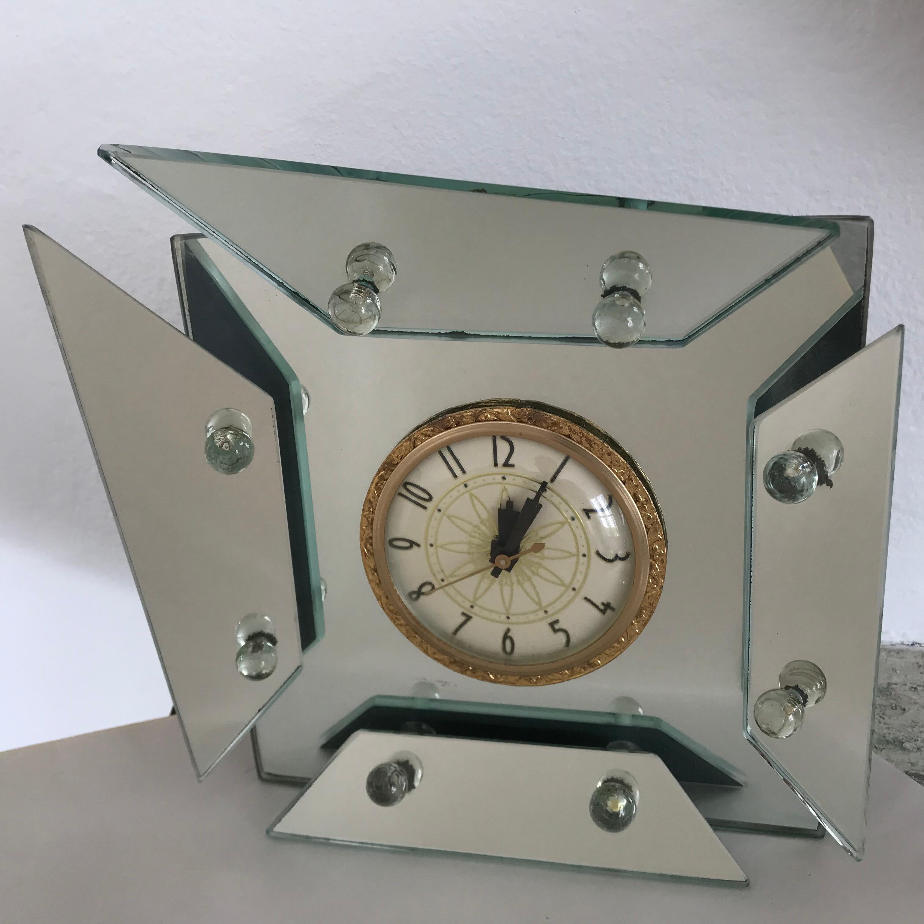 1940s, Art Deco Asymmetric Faceted Mirrored Mantel or Table Clock 2
