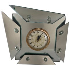 1940s, Art Deco Asymmetric Faceted Mirrored Mantel or Table Clock