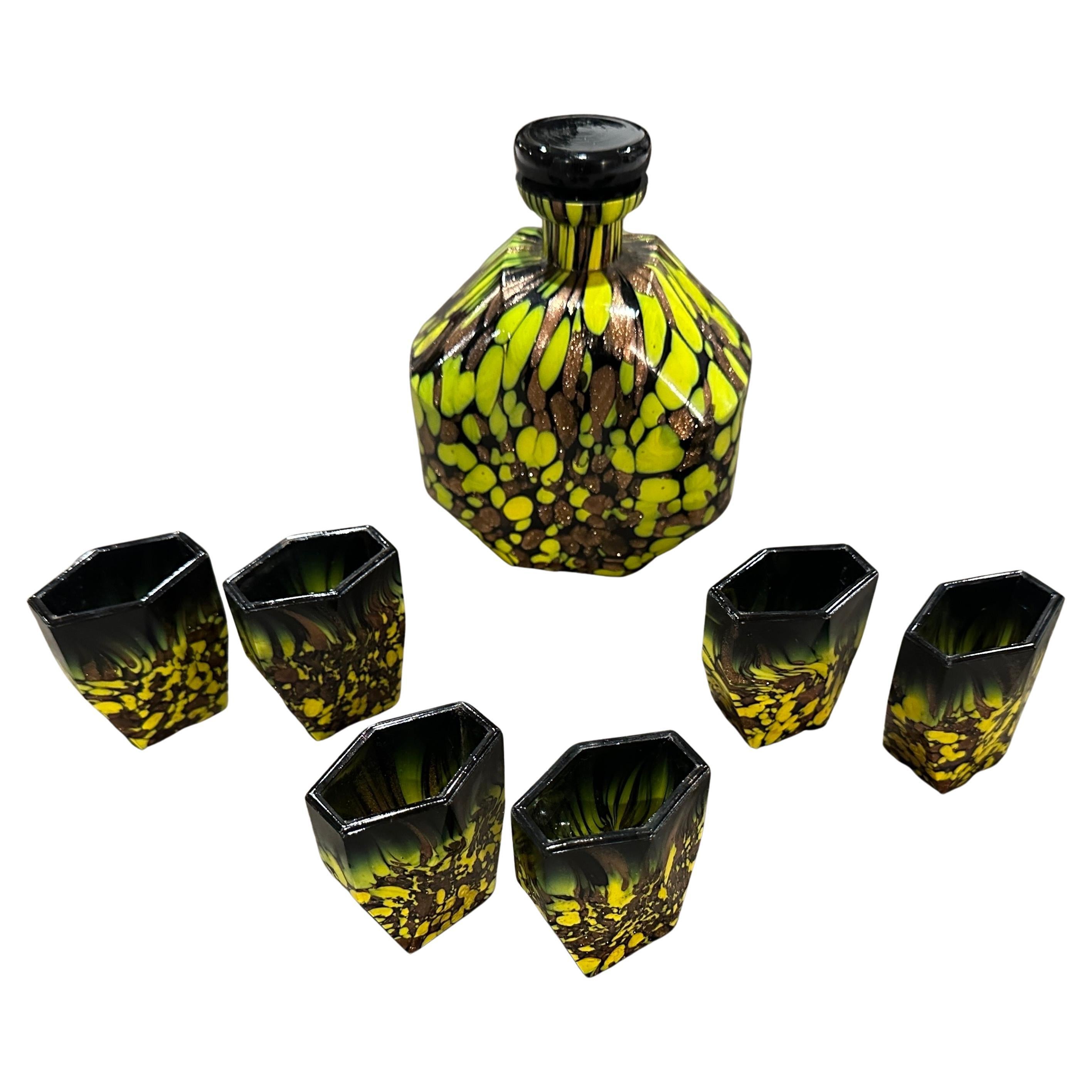 1940s Art Deco Aventurine Murano Glass Rosolio Set