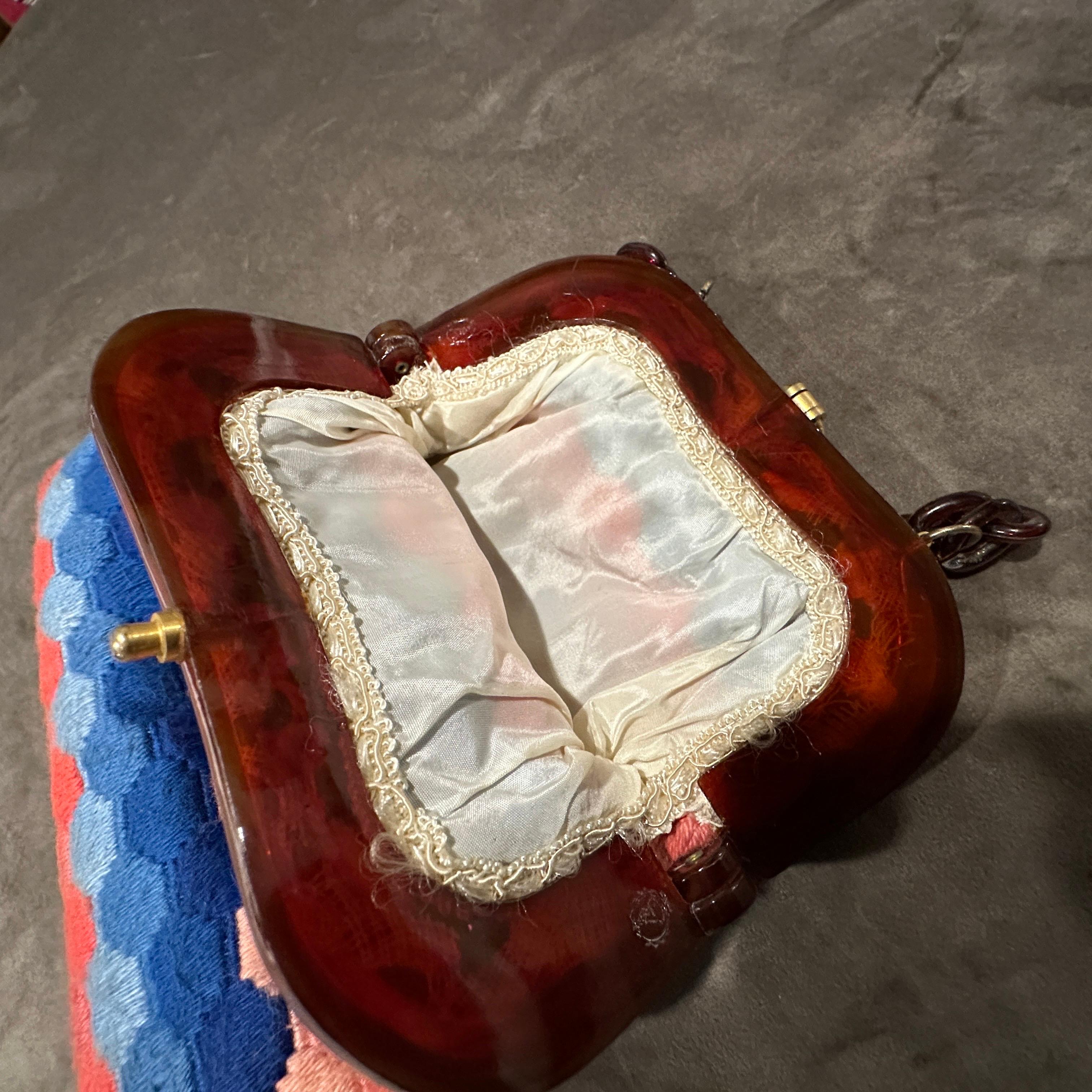 Bolso de mano Art Decó italiano de baquelita, latón y tela de los años 40 en venta 5