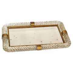 Specchio di vanità con vassoio a specchio in ottone e vetro soffiato di Murano Art Decovier degli anni '40