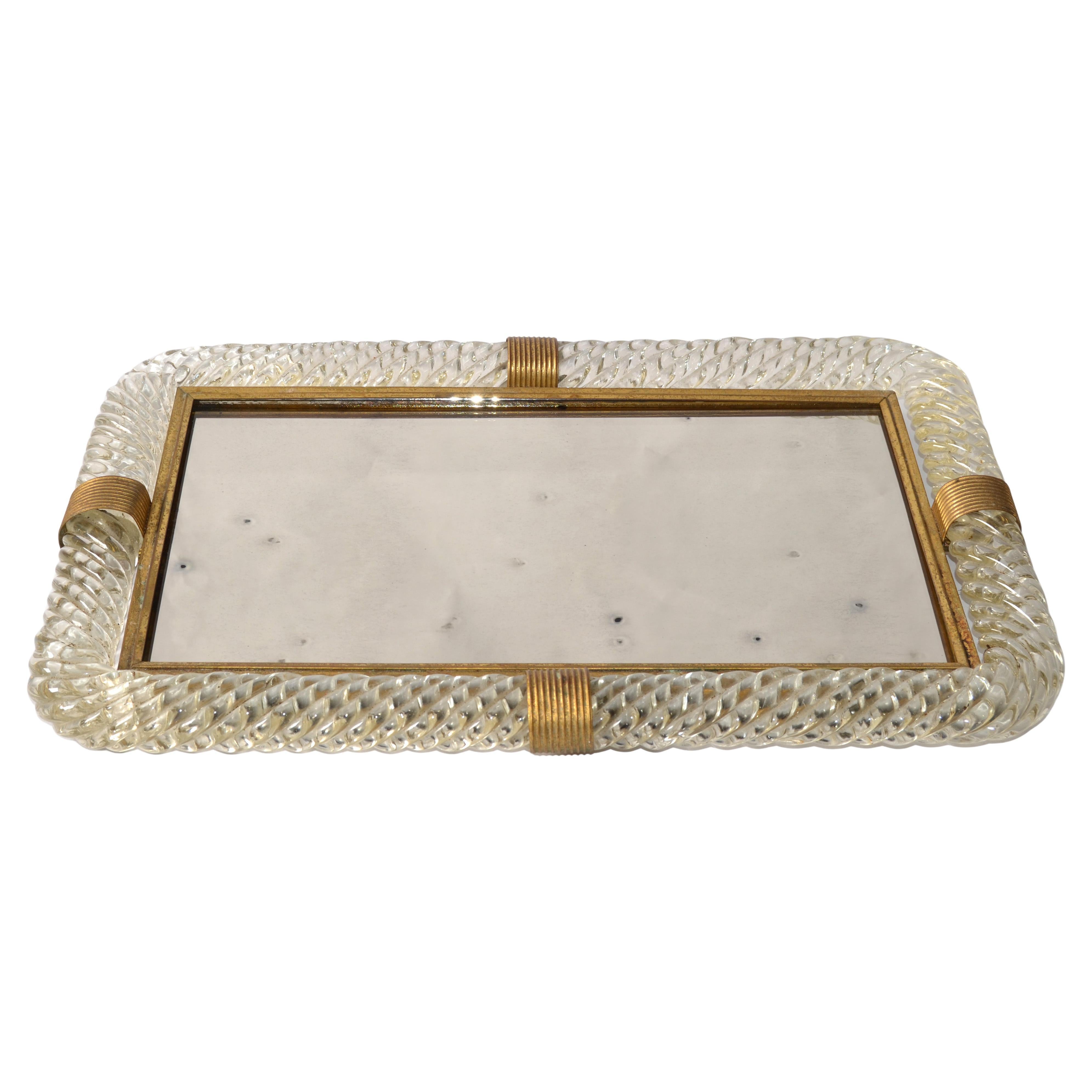1940s Art Deco Barovier Blown Art Glass Murano Brass Mirrored Tray Vanity Mirror