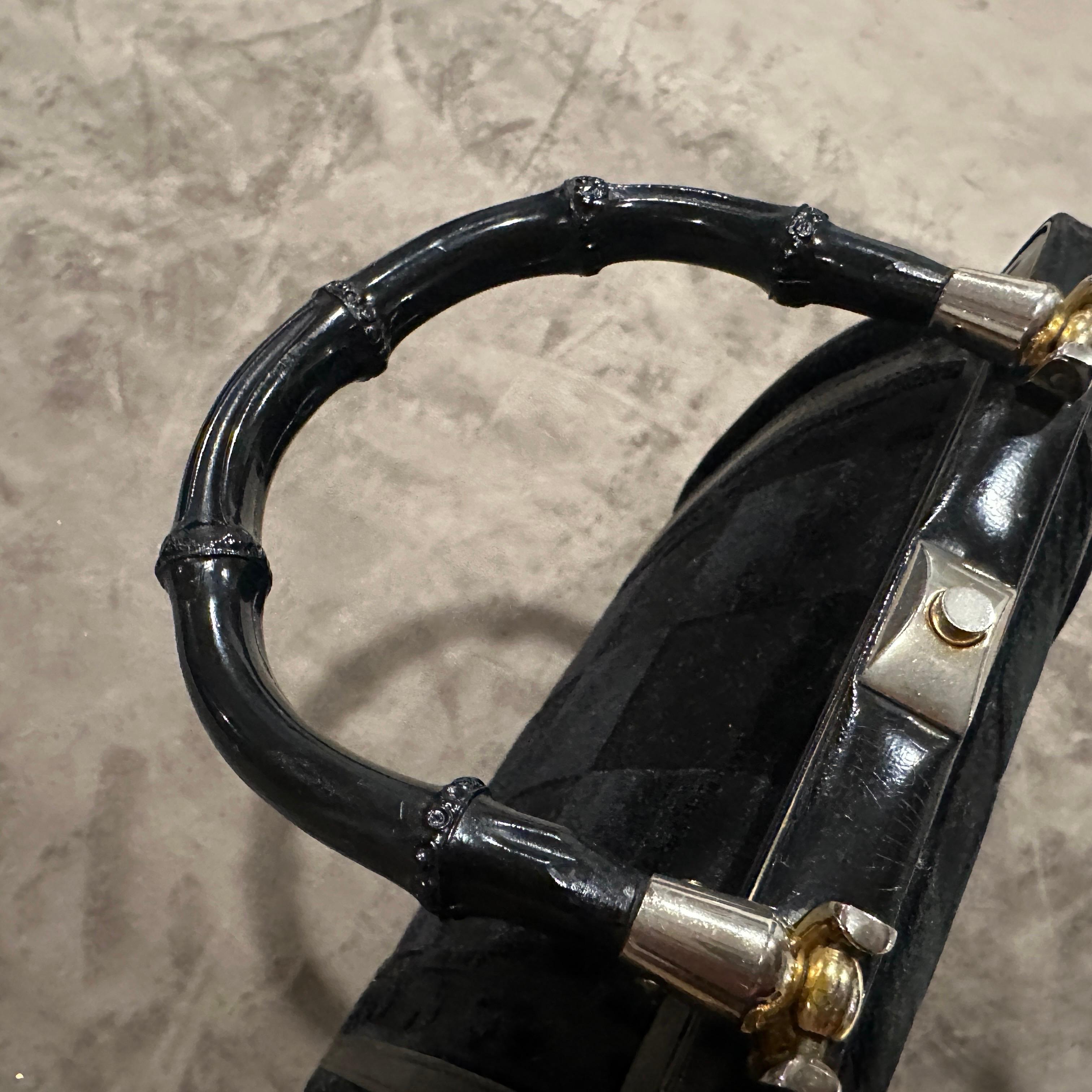 Sac à main italien Art déco des années 1940 en cuir noir, velours et bambou en vente 1
