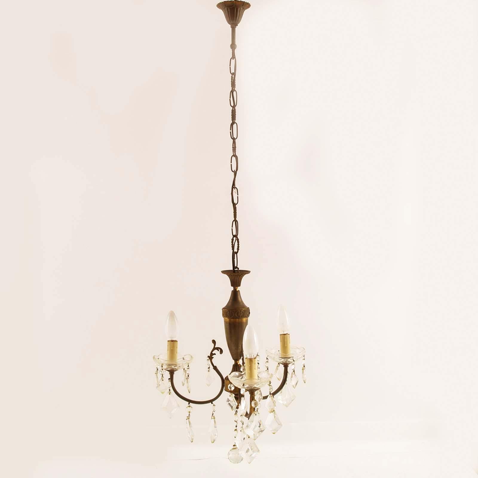 
1940s Art Deco Burnished Brass Chandelier Three Lights Swarovski Pendants