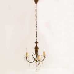 1940s Art Deco Burnished Brass Chandelier Three Lights Swarovsky Pendants