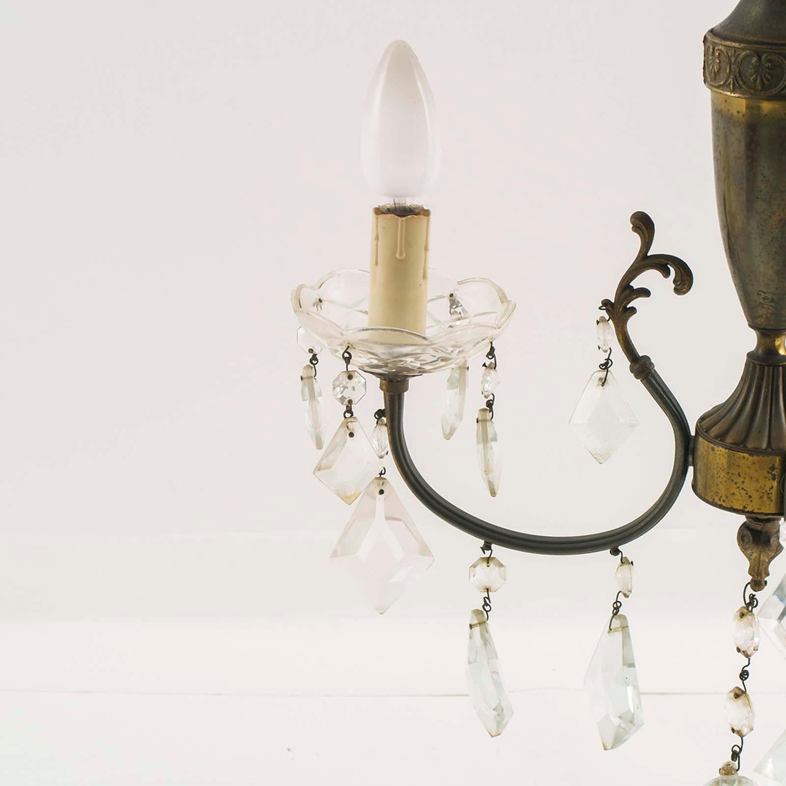Art déco 1940s Art Deco Burnished Brass Chandelier Three Lights Swarovski Pendants en vente