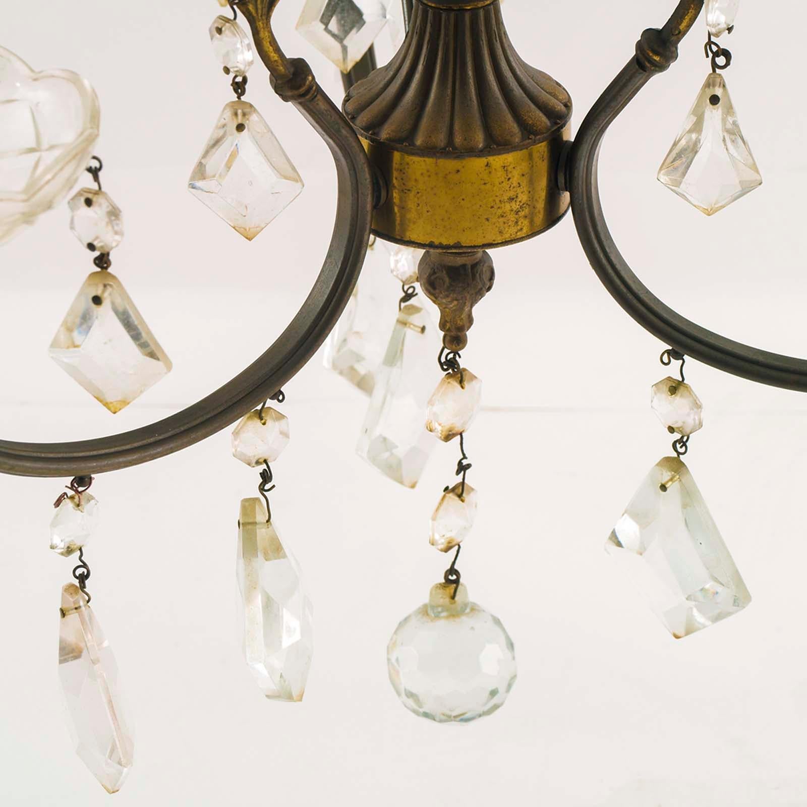 Bruni 1940s Art Deco Burnished Brass Chandelier Three Lights Swarovski Pendants en vente