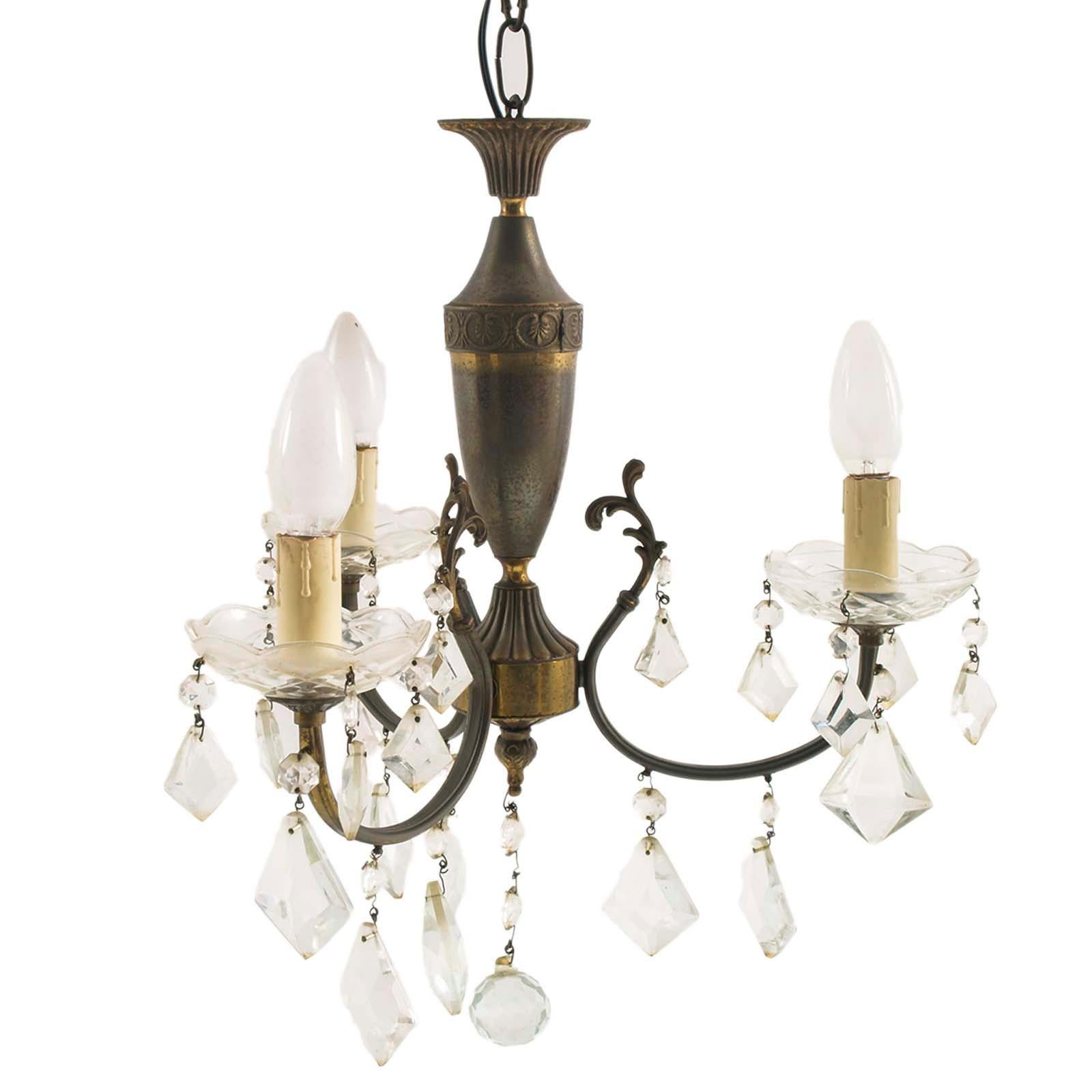 1940s Art Deco Burnished Brass Chandelier Three Lights Swarovski Pendants Bon état - En vente à Vigonza, Padua