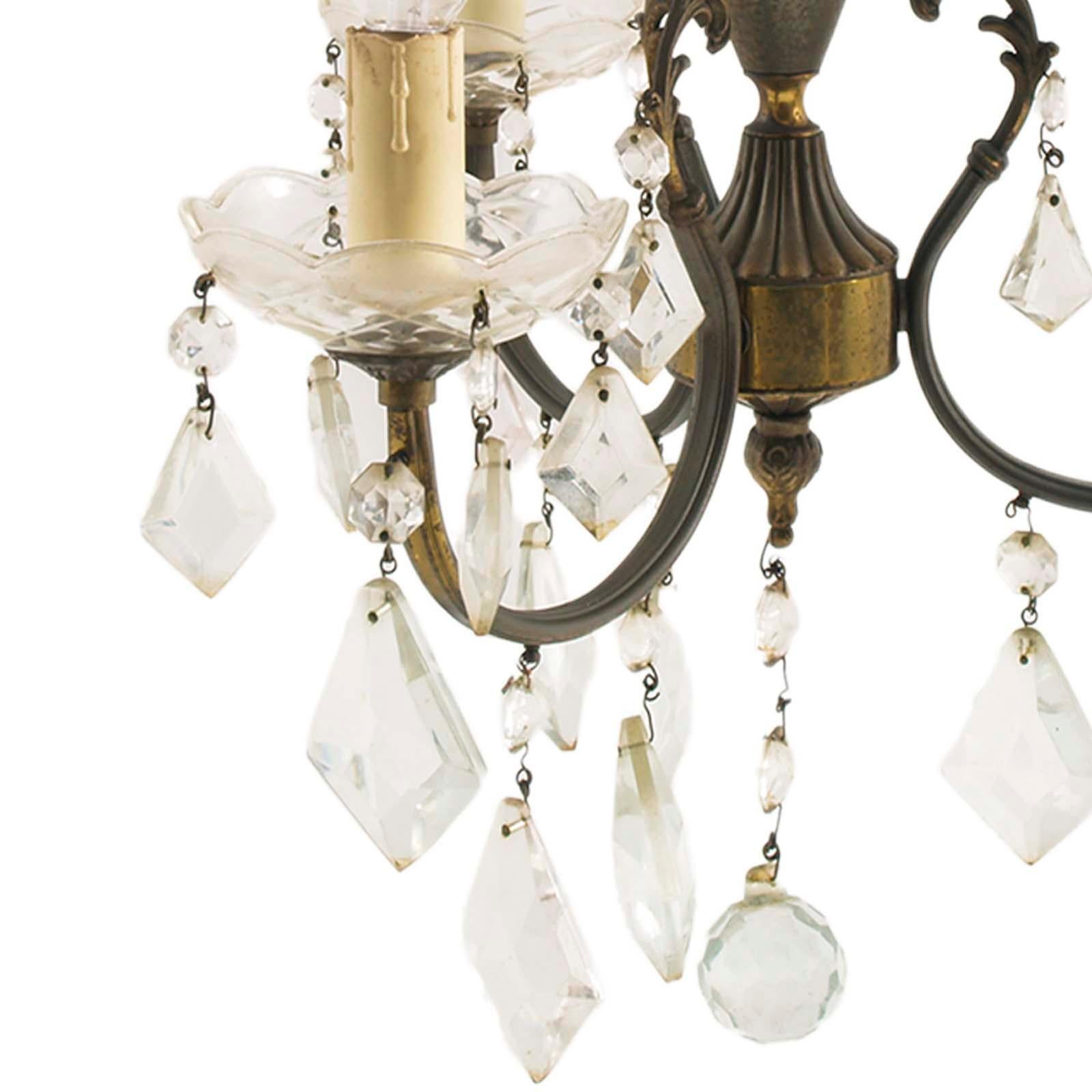 20ième siècle 1940s Art Deco Burnished Brass Chandelier Three Lights Swarovski Pendants en vente