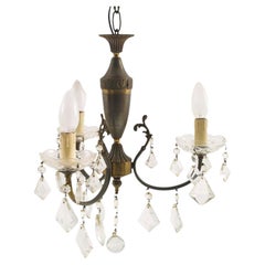1940s Art Deco Burnished Brass Chandelier Three Lights Swarovsky Pendants