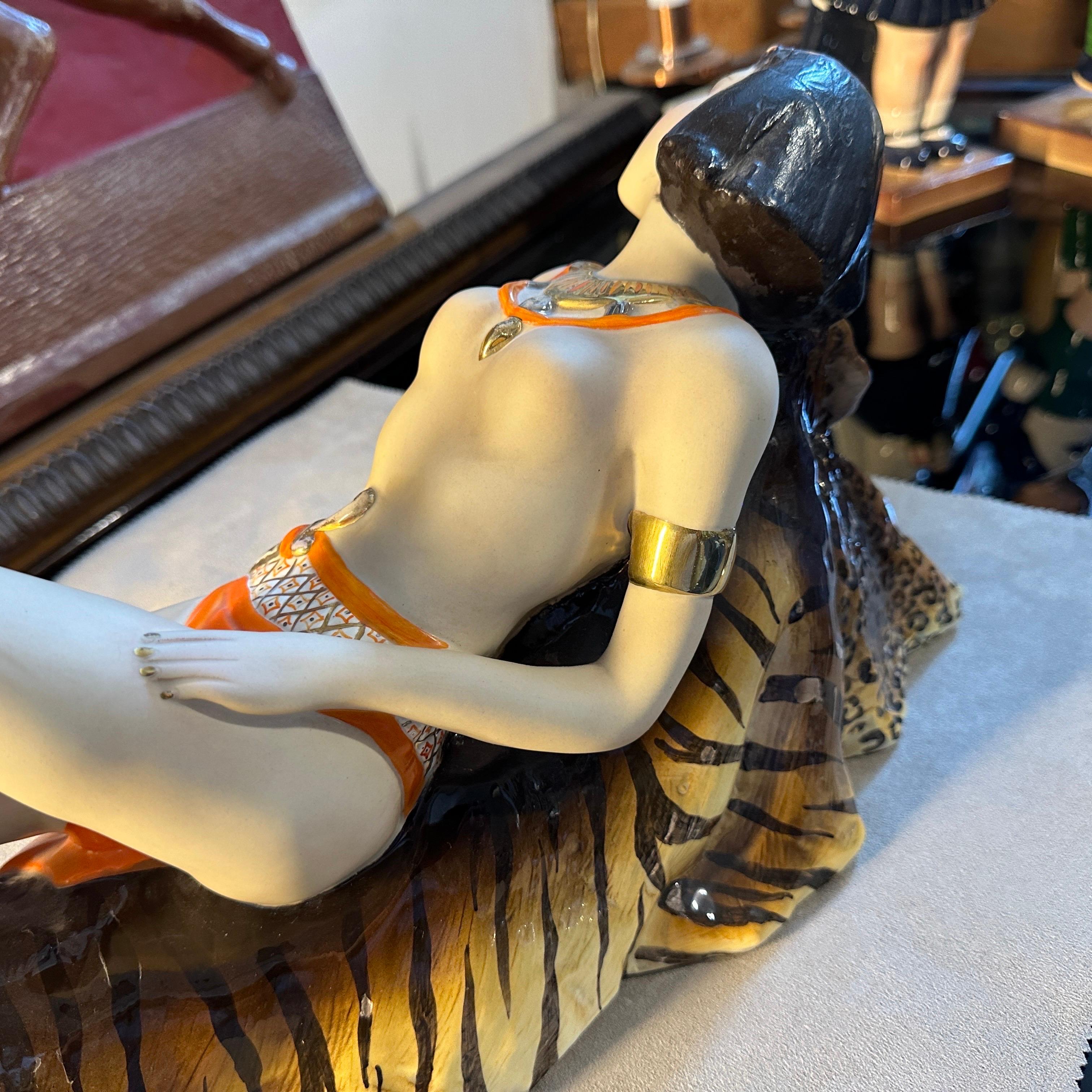 1940s Art Deco Ceramic Figure of an Amazon lying on a Tiger Skin by Corsaro For Sale 4