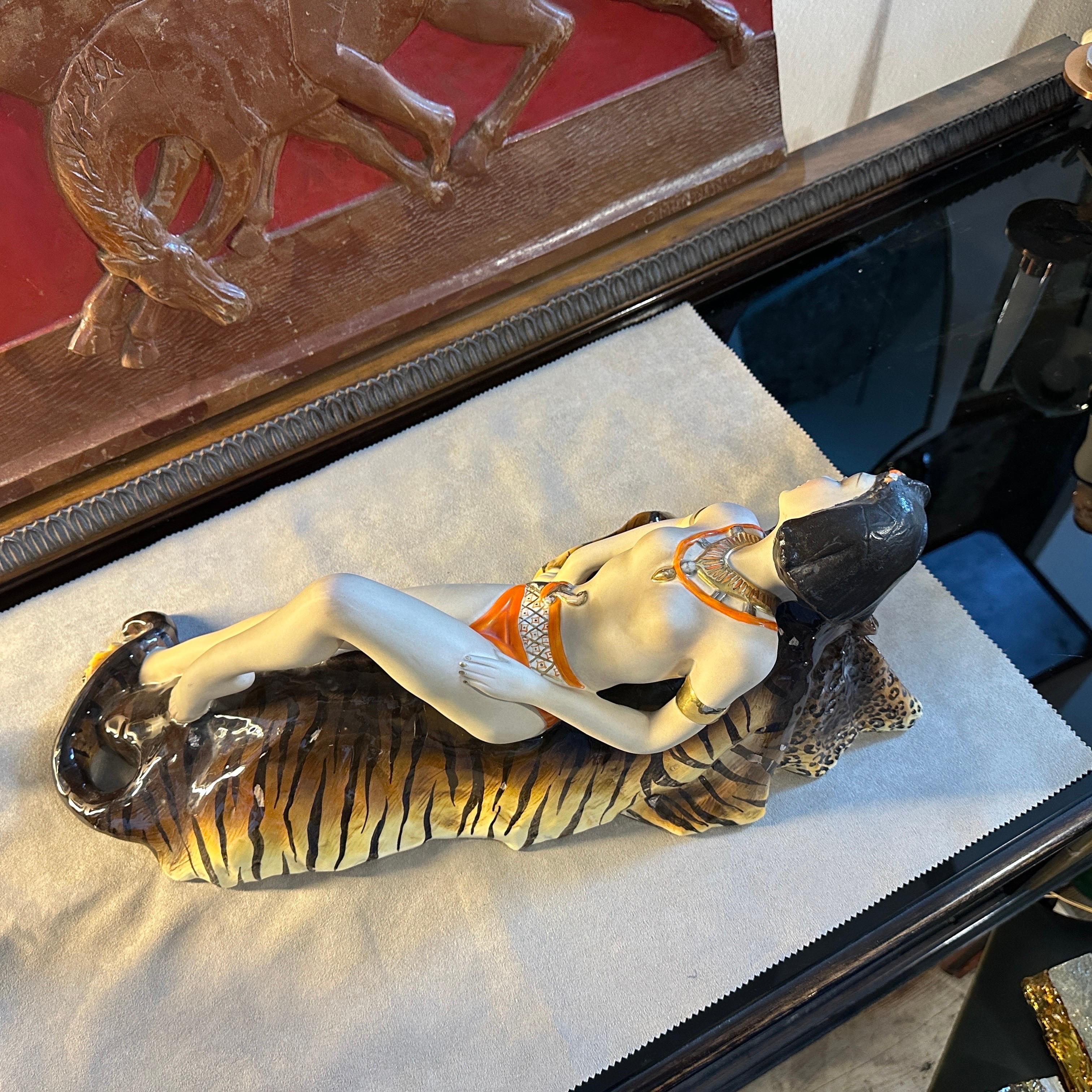 1940s Art Deco Ceramic Figure of an Amazon lying on a Tiger Skin by Corsaro For Sale 5
