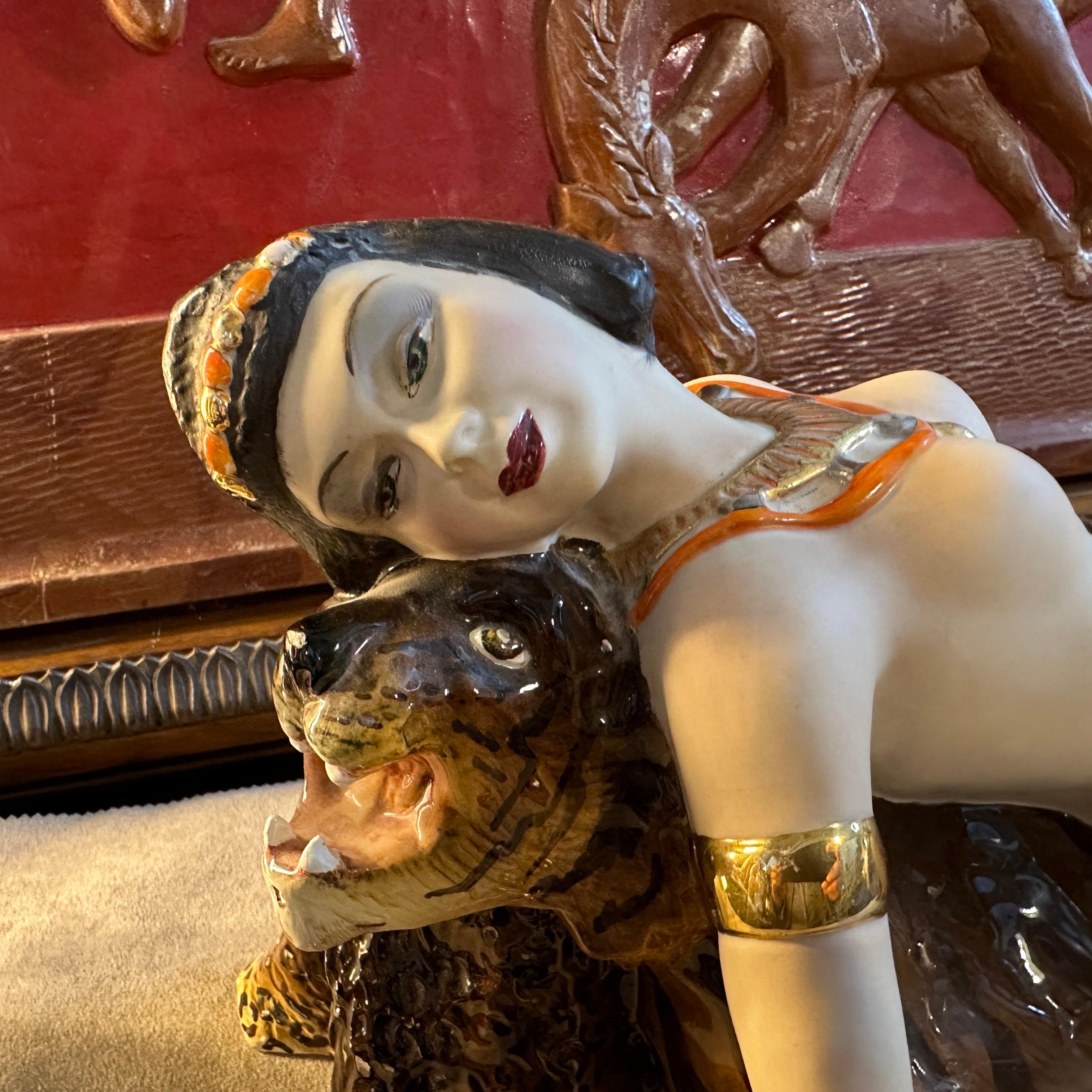 20th Century 1940s Art Deco Ceramic Figure of an Amazon lying on a Tiger Skin by Corsaro For Sale