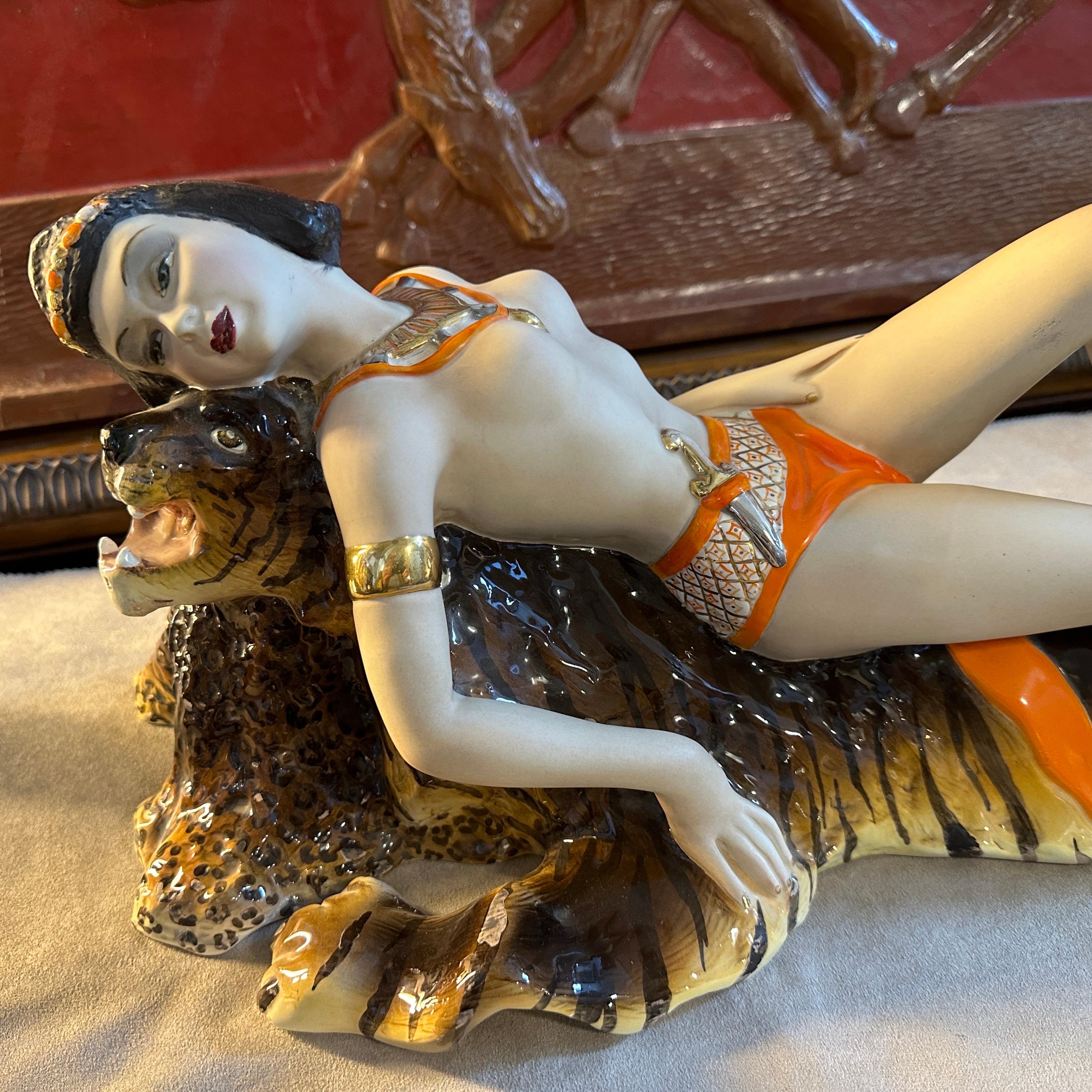 1940s Art Deco Ceramic Figure of an Amazon lying on a Tiger Skin by Corsaro For Sale 1