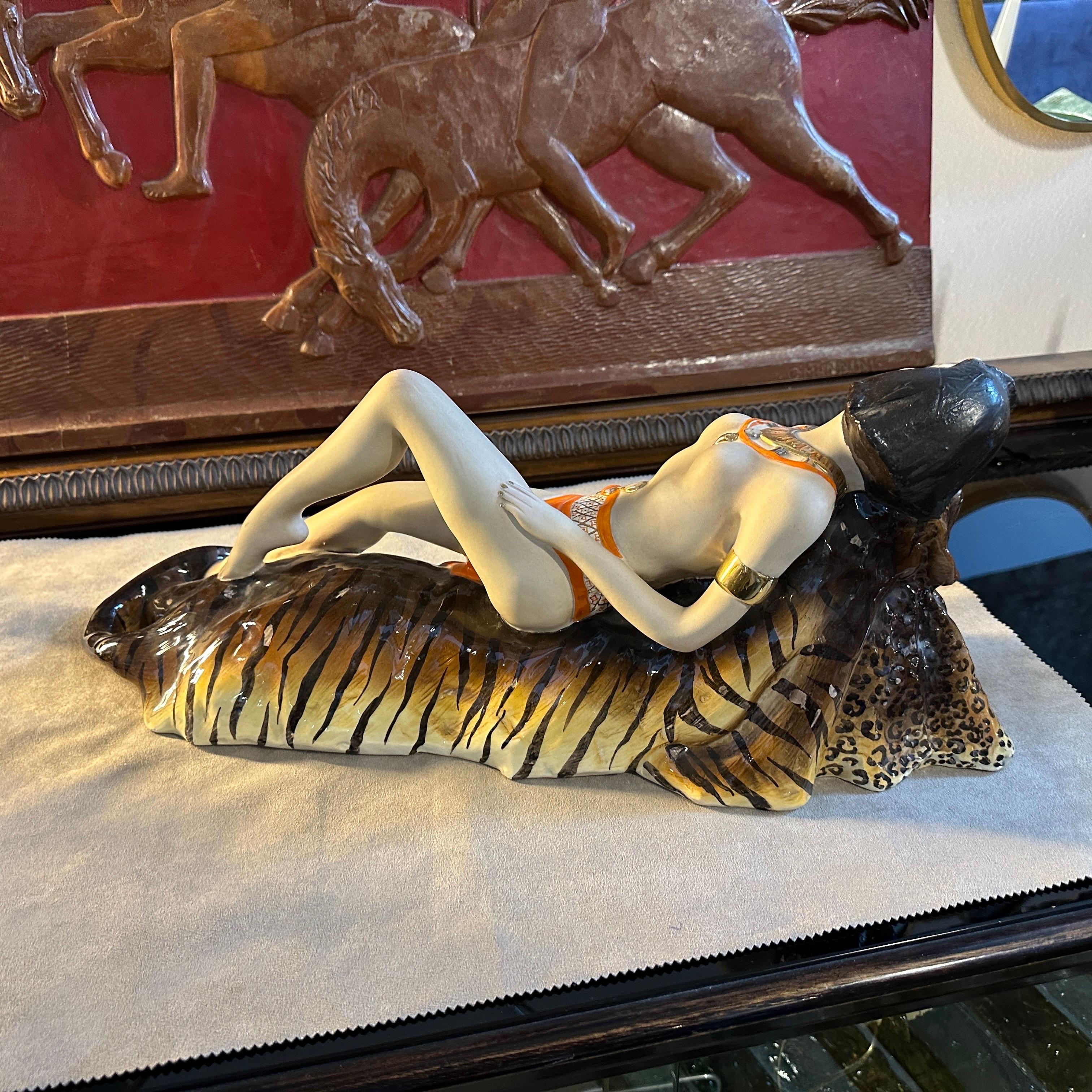 1940s Art Deco Ceramic Figure of an Amazon lying on a Tiger Skin by Corsaro For Sale 2