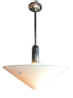 1940s Art Deco Conical Milk Glass & Chrome Pendant Light Streamline Modern