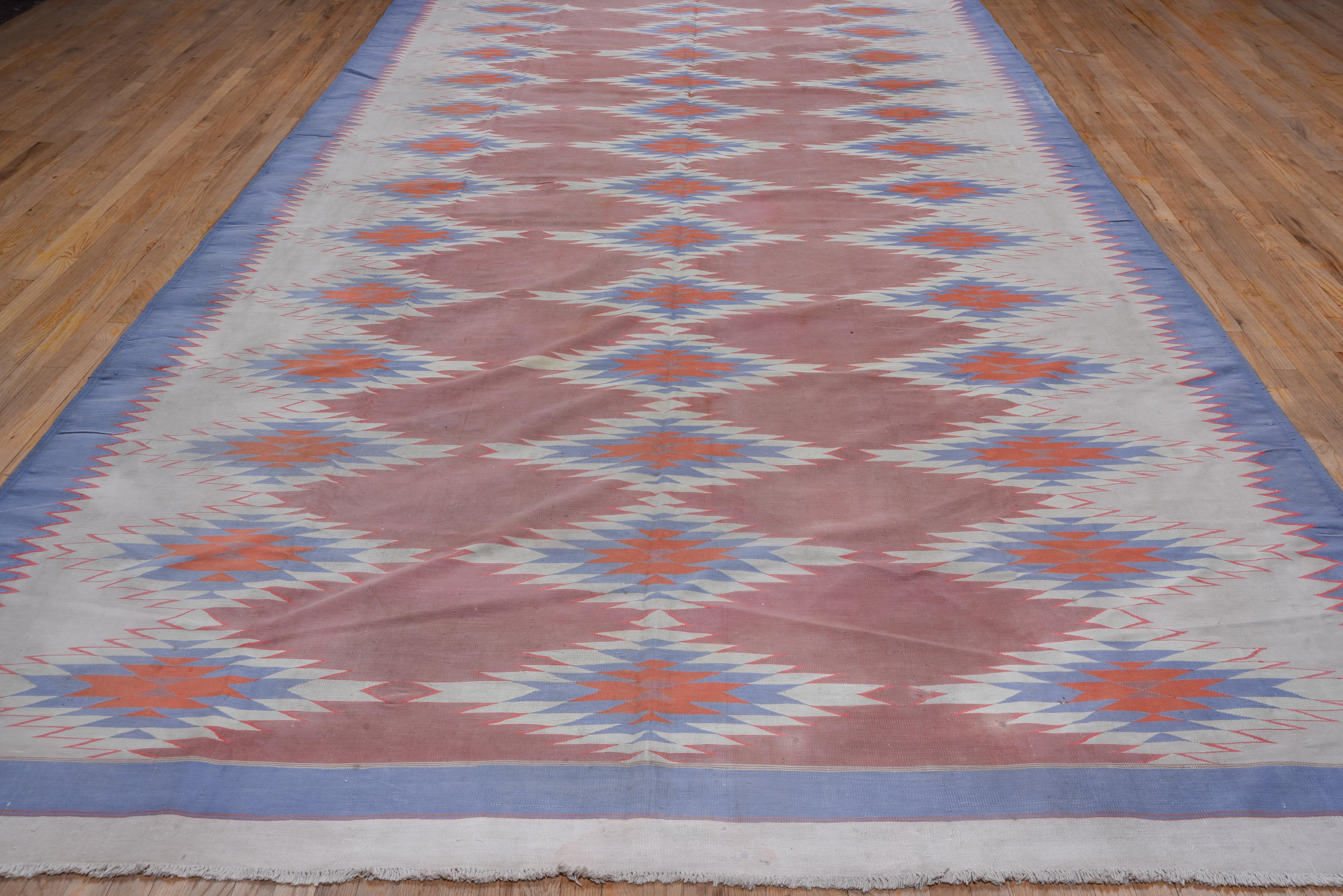 Hand-Woven 1940s Art Deco Cotton Shurrie Rug, Gray, Coral & Orange Field, Blue Borders For Sale