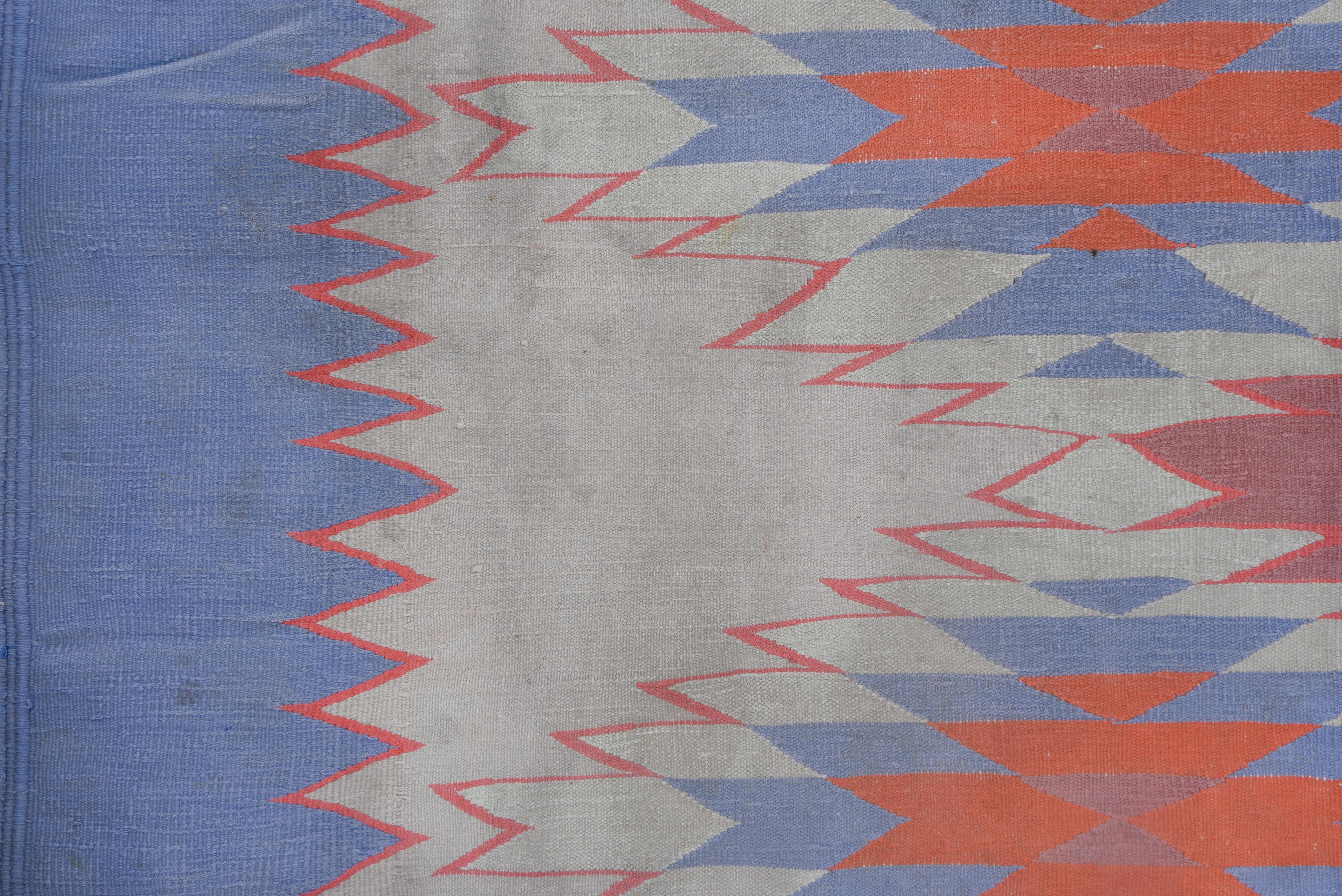 1940s Art Deco Cotton Shurrie Rug, Gray, Coral & Orange Field, Blue Borders For Sale 1