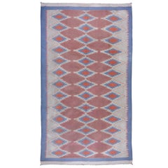 1940s Art Deco Cotton Shurrie Rug, Gray, Coral & Orange Field, Blue Borders