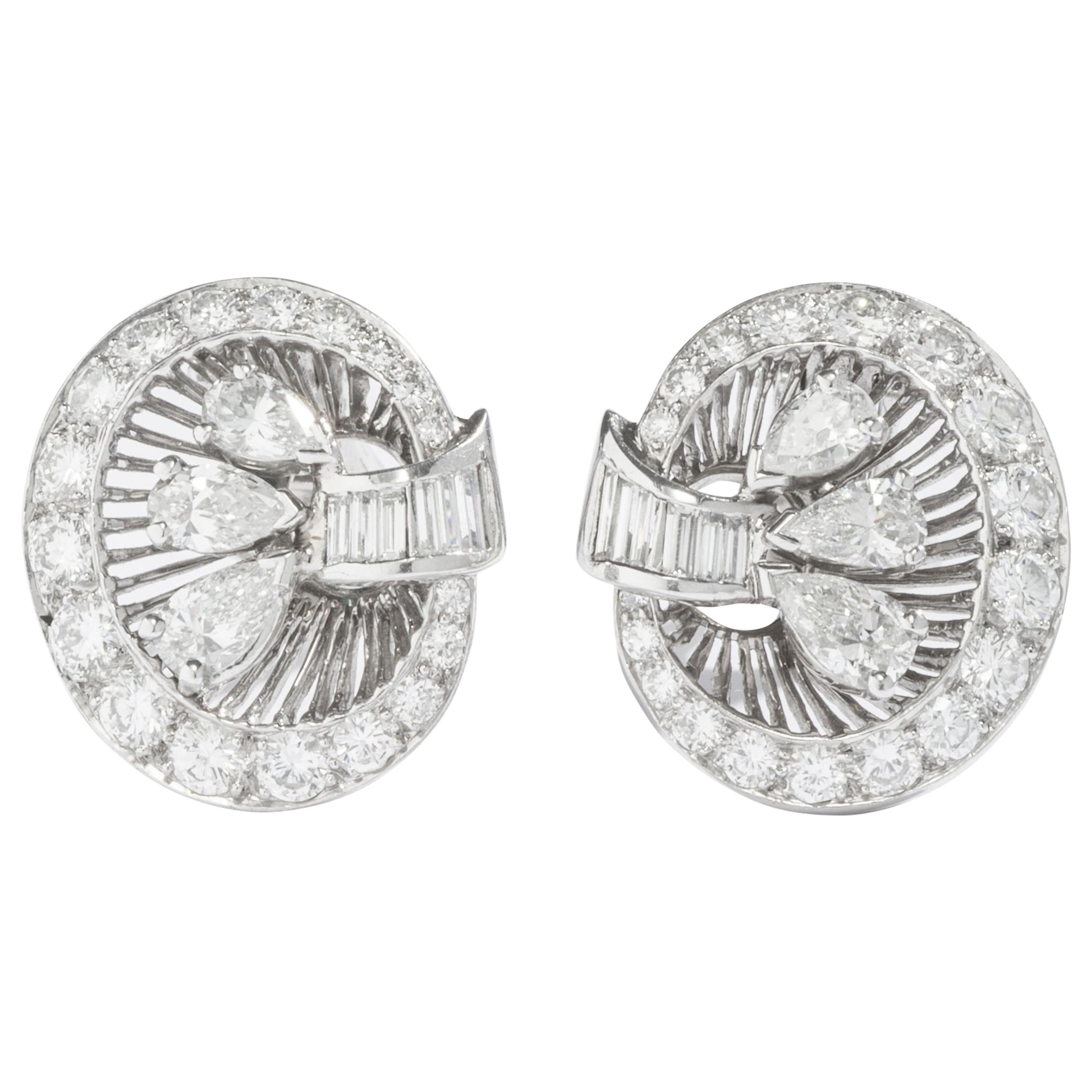 1940S Art Deco Diamond and Platinum Ear Clips Earrings