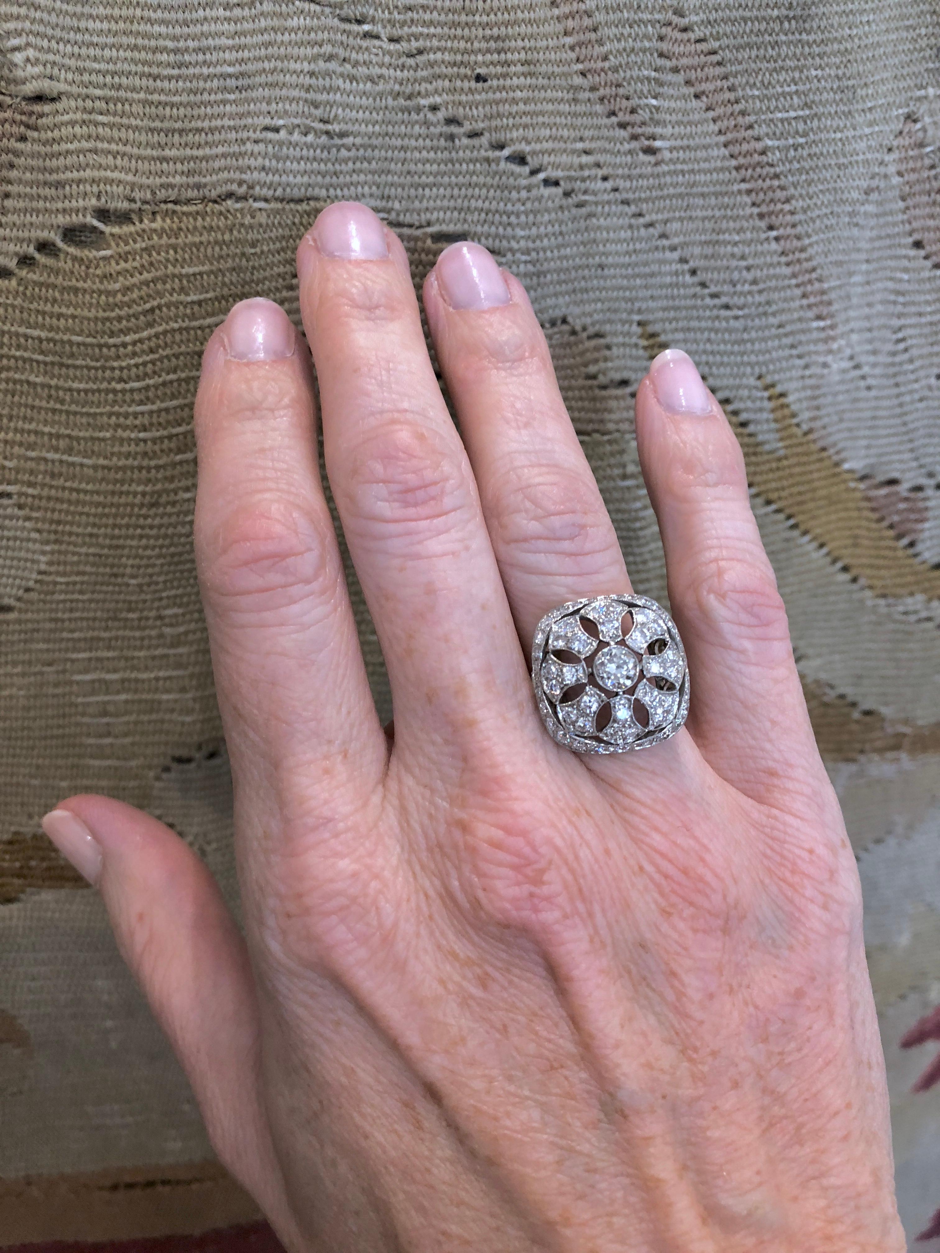 Old European Cut 1940s Art Deco Diamond Platinum Filigree Ring For Sale