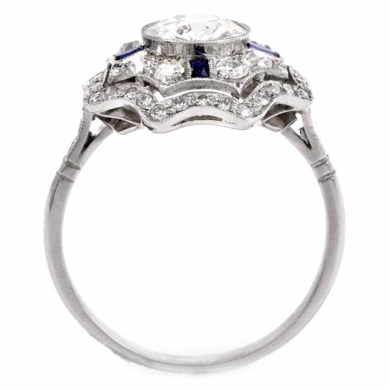 Women's or Men's 1940s Art Deco Diamond Sapphire Platinum Ring