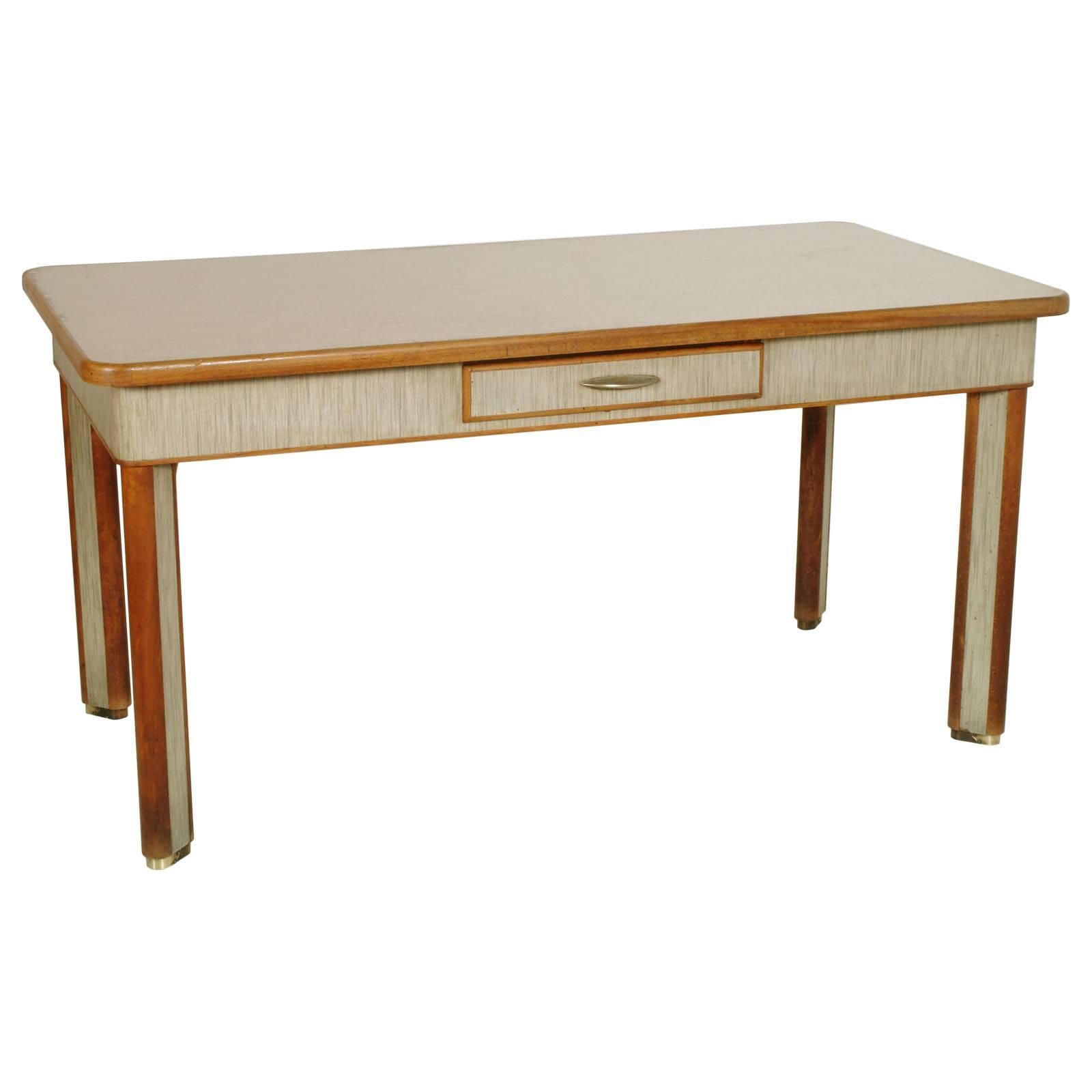 1940s Art Deco Dining Table with Drawer, Solid Beech, Top in Formica, Brass Feet
