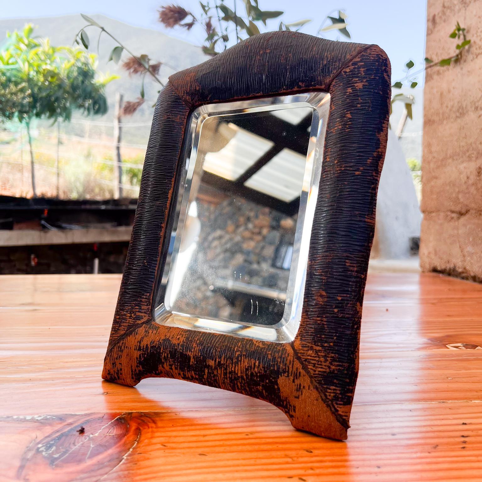Unknown 1940s Art Deco Distressed Leather Wrapped Table Mirror For Sale