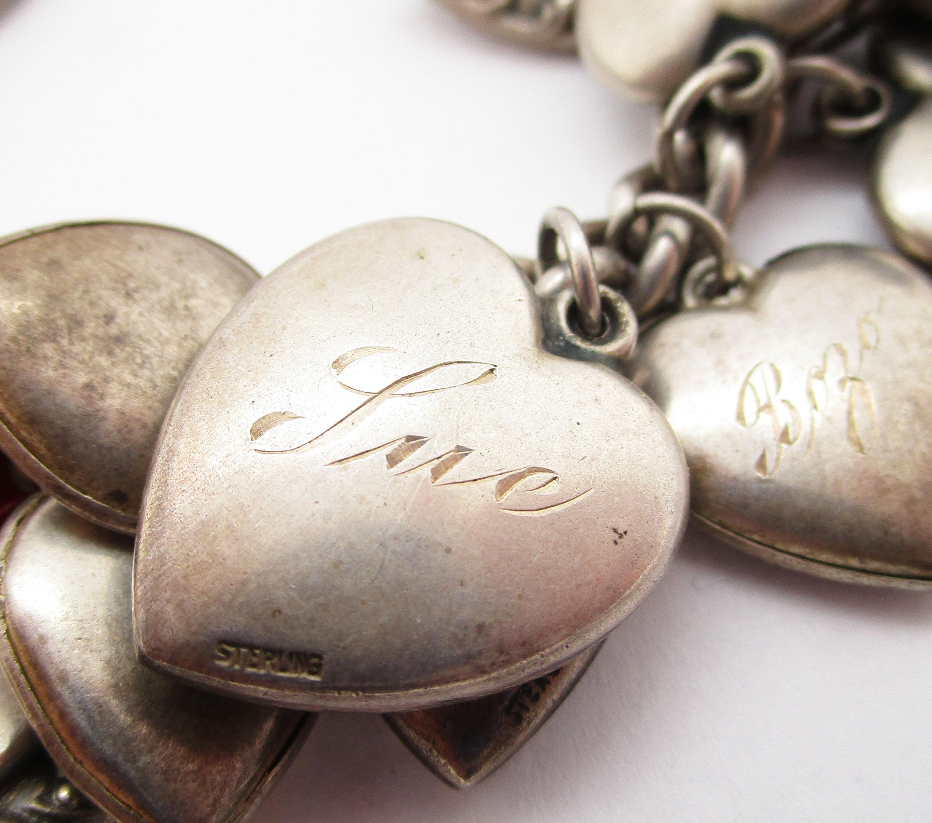 1940s Art Deco Enameled Love Heart Sterling Silver Charm Bracelet 5