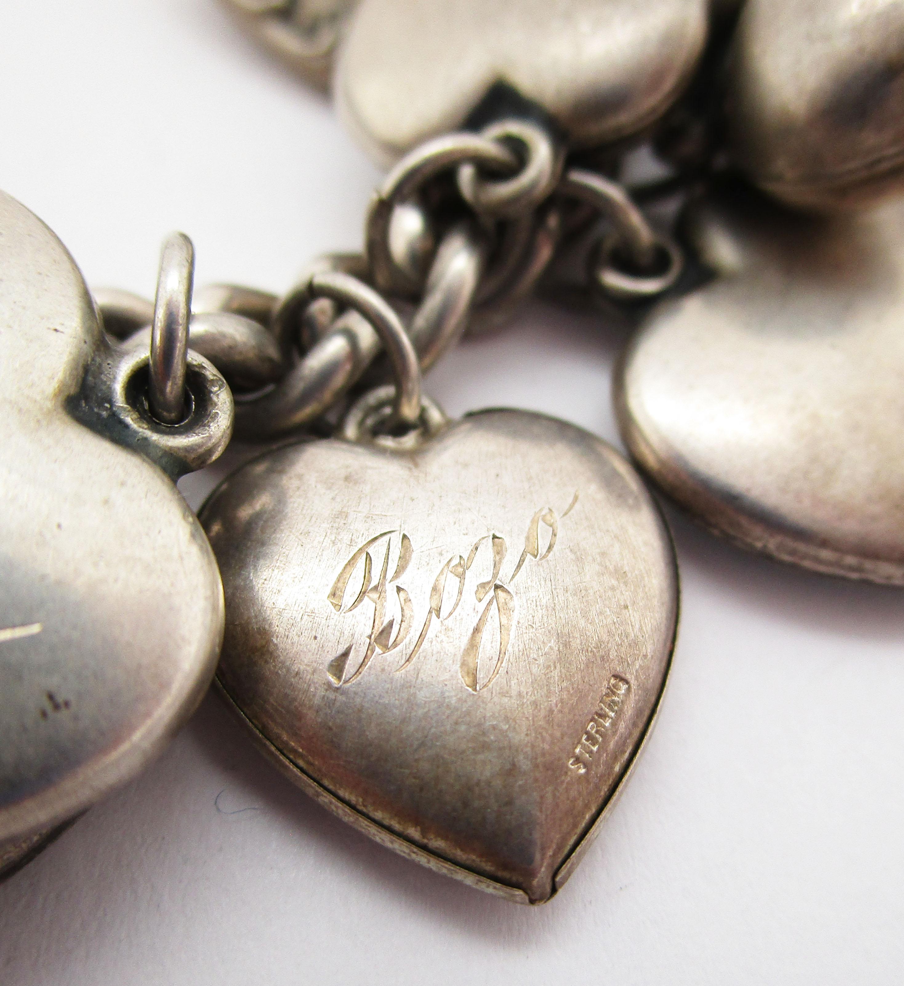 1940s Art Deco Enameled Love Heart Sterling Silver Charm Bracelet 6